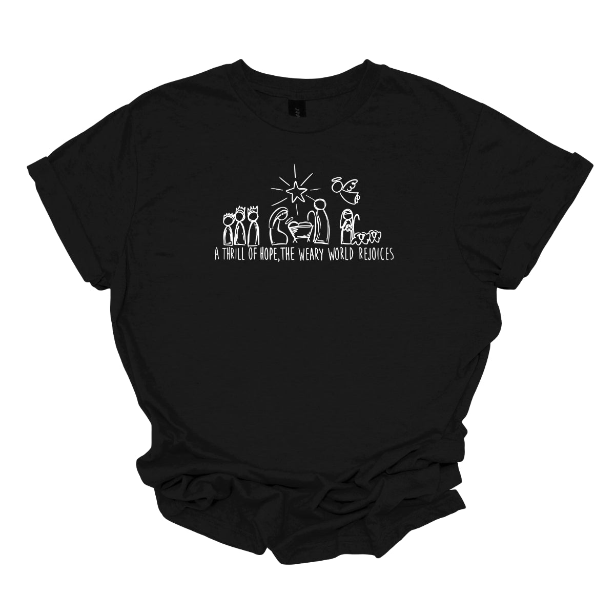 This heartfelt t-shirt features the inspiring phrase "A THRILL OF HOPE, THE WARY WORLD REJOICES" displayed in all caps using a clean, white stick figure font. Above the words, a charming nativity scene is illustrated in simple stick figures, depicting the beloved characters of the Christmas story in a minimalist style. Shop Gorgeousware.com