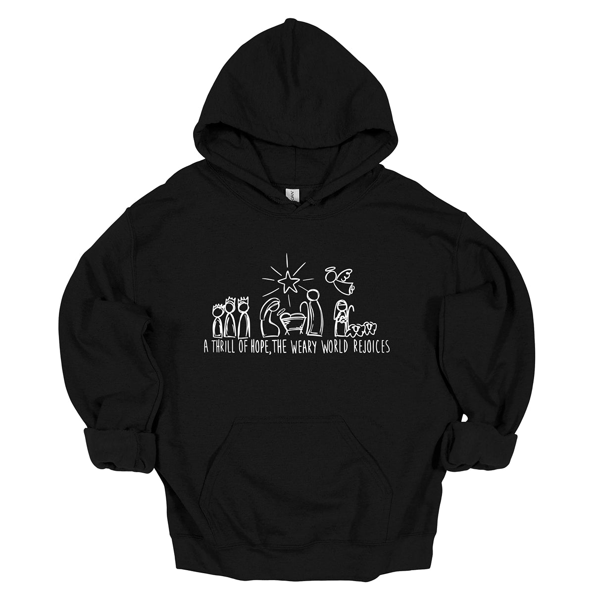 This heartfelt t-shirt features the inspiring phrase "A THRILL OF HOPE, THE WARY WORLD REJOICES" displayed in all caps using a clean, white stick figure font. Above the words, a charming nativity scene is illustrated in simple stick figures, depicting the beloved characters of the Christmas story in a minimalist style. Shop Gorgeousware.com