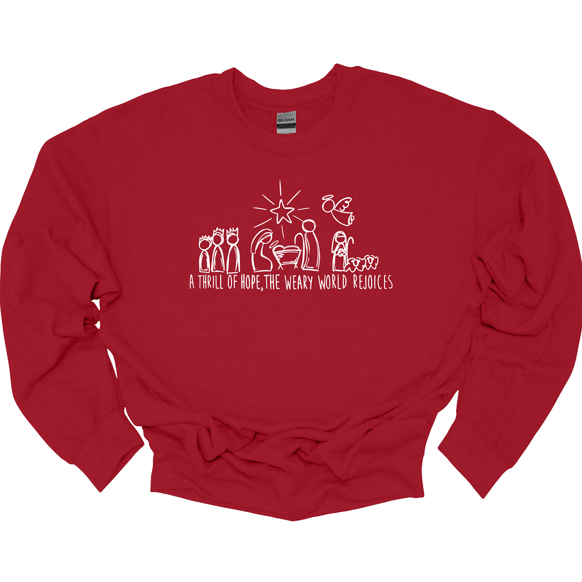 This heartfelt t-shirt features the inspiring phrase "A THRILL OF HOPE, THE WARY WORLD REJOICES" displayed in all caps using a clean, white stick figure font. Above the words, a charming nativity scene is illustrated in simple stick figures, depicting the beloved characters of the Christmas story in a minimalist style. Shop Gorgeousware.com