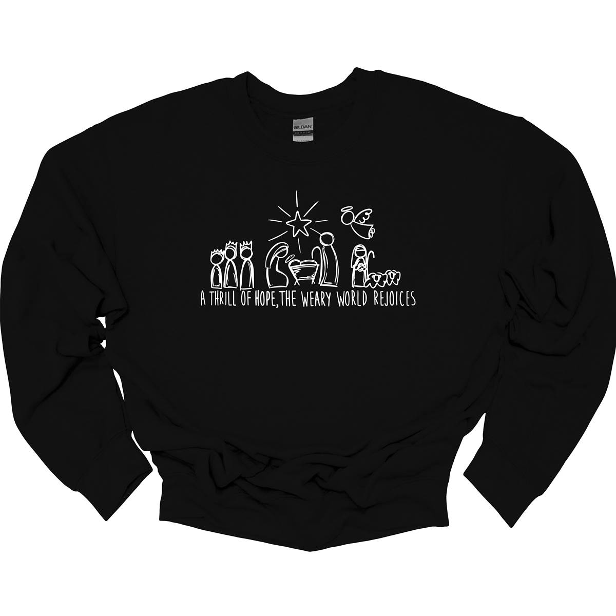 This heartfelt t-shirt features the inspiring phrase "A THRILL OF HOPE, THE WARY WORLD REJOICES" displayed in all caps using a clean, white stick figure font. Above the words, a charming nativity scene is illustrated in simple stick figures, depicting the beloved characters of the Christmas story in a minimalist style. Shop Gorgeousware.com