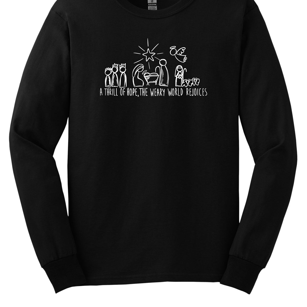 This heartfelt t-shirt features the inspiring phrase "A THRILL OF HOPE, THE WARY WORLD REJOICES" displayed in all caps using a clean, white stick figure font. Above the words, a charming nativity scene is illustrated in simple stick figures, depicting the beloved characters of the Christmas story in a minimalist style. Shop Gorgeousware.com