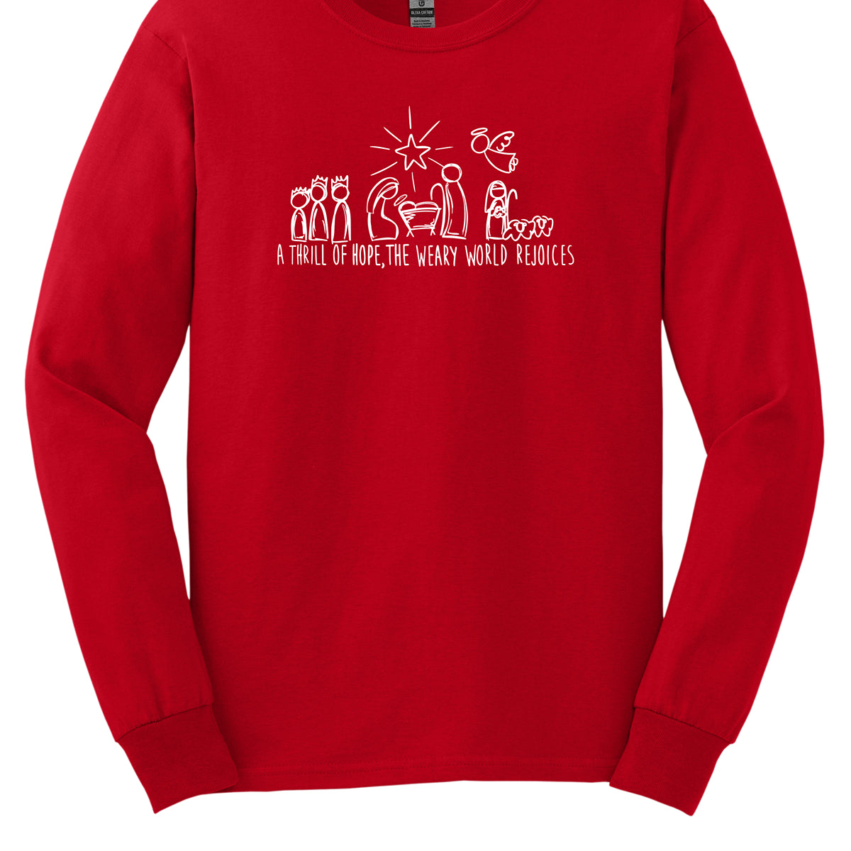 This heartfelt t-shirt features the inspiring phrase "A THRILL OF HOPE, THE WARY WORLD REJOICES" displayed in all caps using a clean, white stick figure font. Above the words, a charming nativity scene is illustrated in simple stick figures, depicting the beloved characters of the Christmas story in a minimalist style. Shop Gorgeousware.com