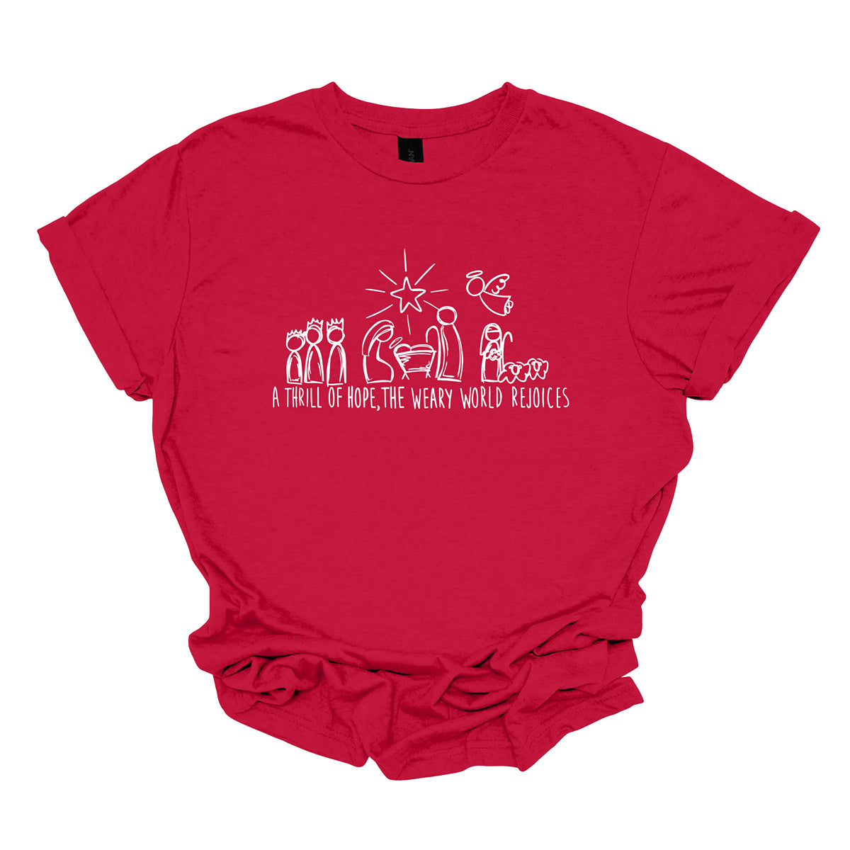 This heartfelt t-shirt features the inspiring phrase "A THRILL OF HOPE, THE WARY WORLD REJOICES" displayed in all caps using a clean, white stick figure font. Above the words, a charming nativity scene is illustrated in simple stick figures, depicting the beloved characters of the Christmas story in a minimalist style. Shop Gorgeousware.com