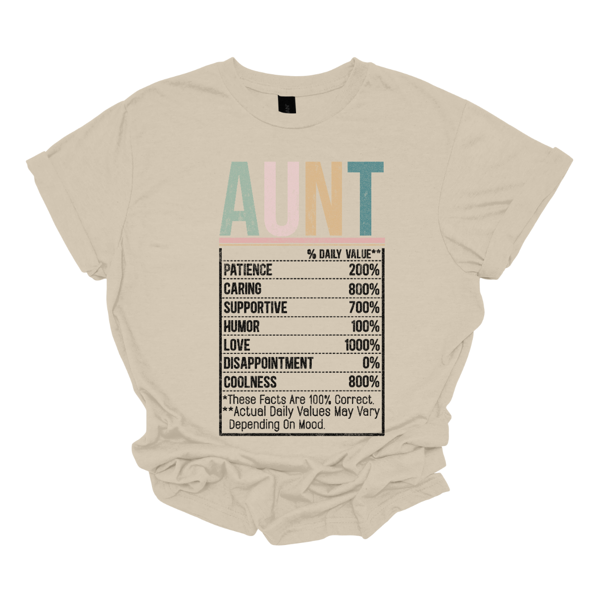 The design for "Dailey Aunt Values" features a vibrant and modern aesthetic with the title displayed in a playful mix of light blue, pink, green, and teal lettering. The typography is fun, bold, and engaging, capturing the essence of a beloved aunt’s personality.
Below the title, the Dailey Values are listed in a stylish and visually appealing way:
Patient, Caring, Supportive, Love, Coolness, and Disappointment 0%.
Shop Gorgeousware.com
