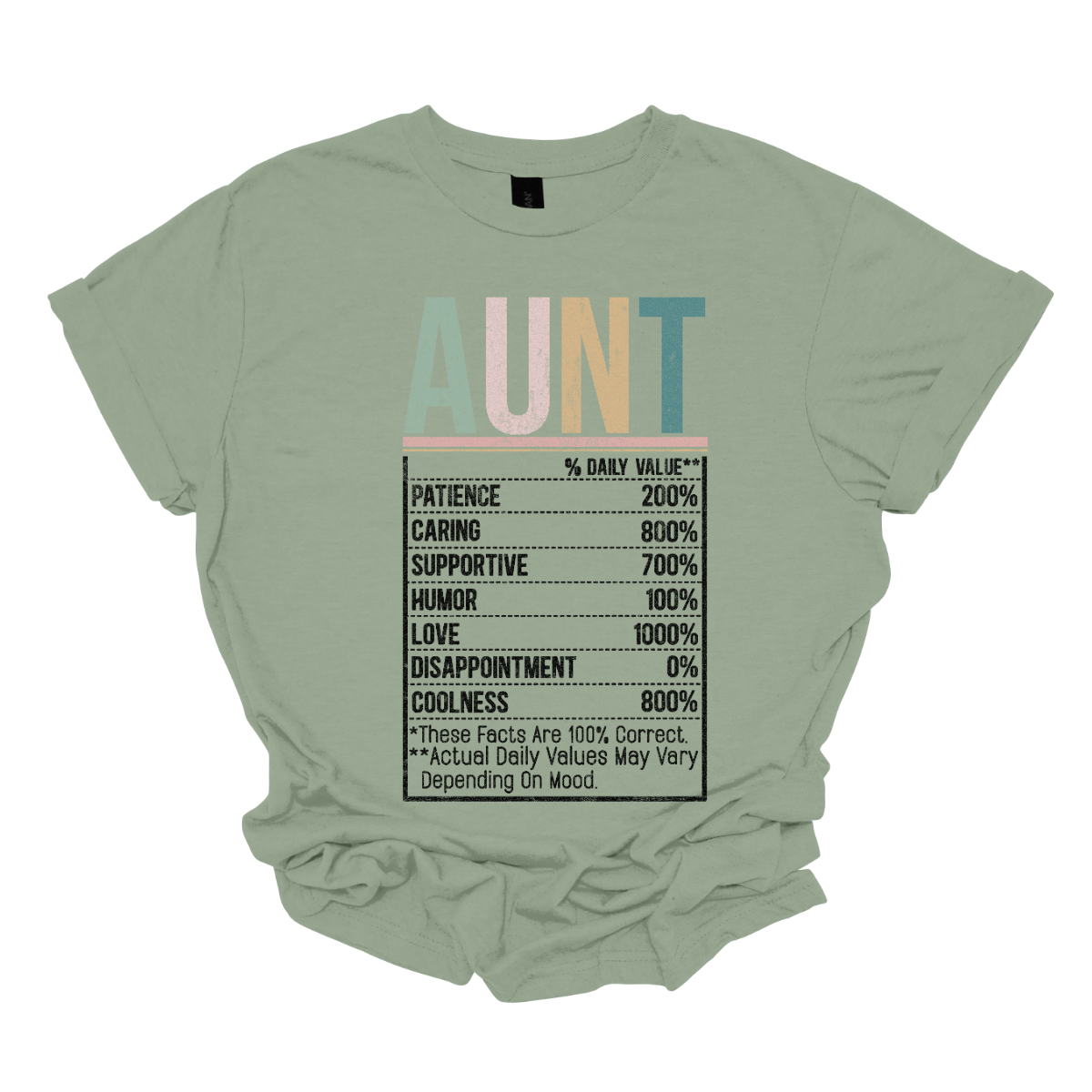 The design for "Dailey Aunt Values" features a vibrant and modern aesthetic with the title displayed in a playful mix of light blue, pink, green, and teal lettering. The typography is fun, bold, and engaging, capturing the essence of a beloved aunt’s personality.
Below the title, the Dailey Values are listed in a stylish and visually appealing way:
Patient, Caring, Supportive, Love, Coolness, and Disappointment 0%.
Shop Gorgeousware.com