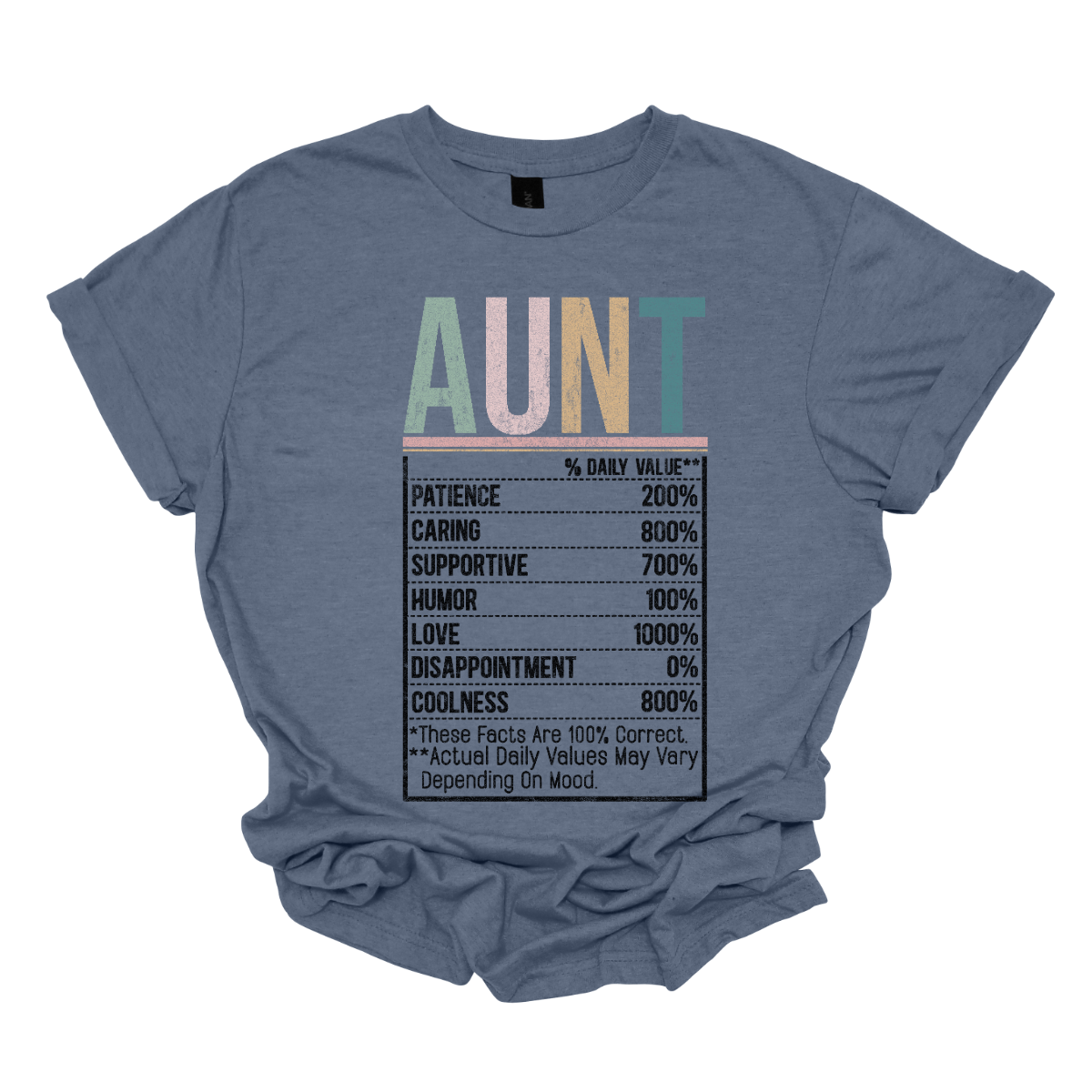 The design for "Dailey Aunt Values" features a vibrant and modern aesthetic with the title displayed in a playful mix of light blue, pink, green, and teal lettering. The typography is fun, bold, and engaging, capturing the essence of a beloved aunt’s personality.
Below the title, the Dailey Values are listed in a stylish and visually appealing way:
Patient, Caring, Supportive, Love, Coolness, and Disappointment 0%.
Shop Gorgeousware.com