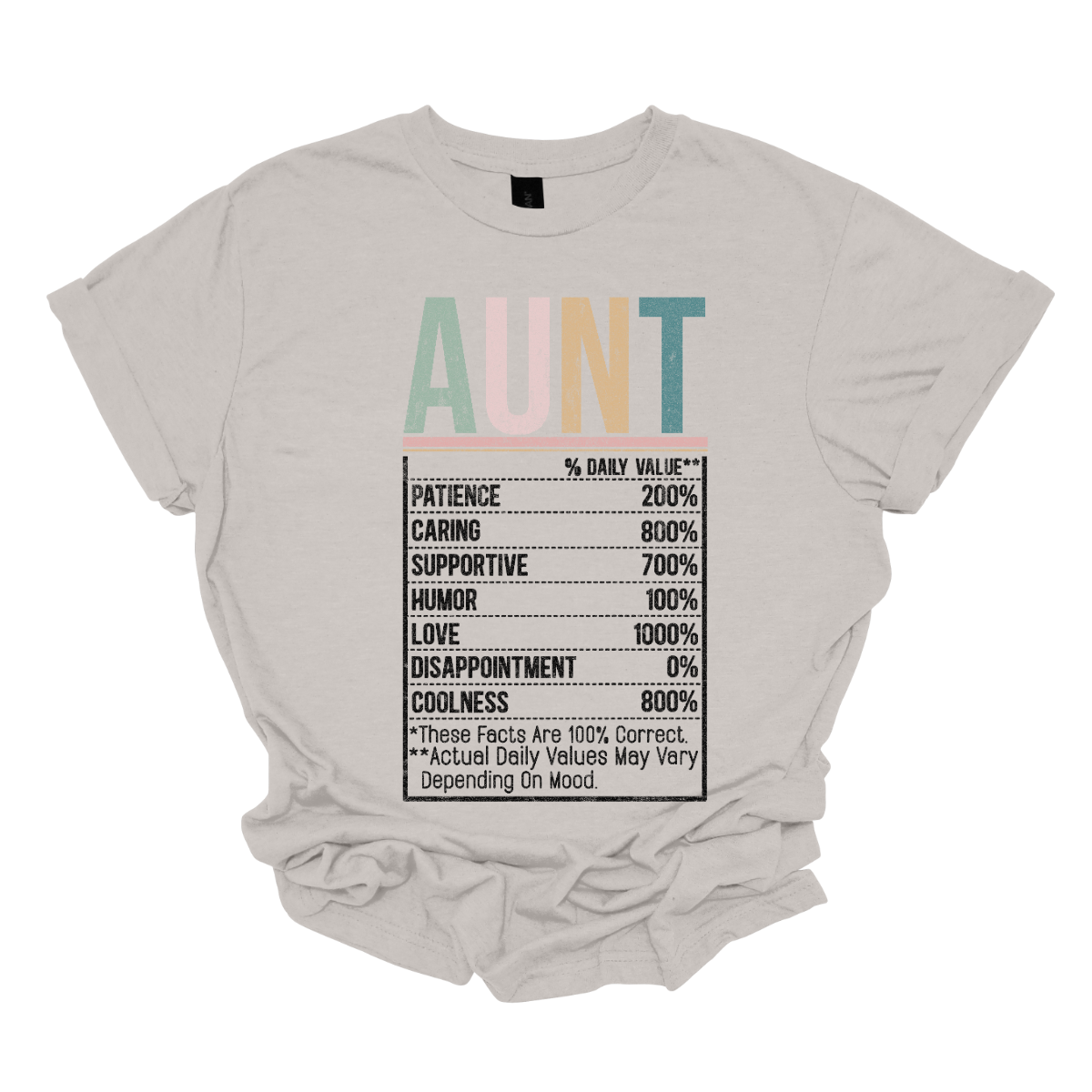 The design for "Dailey Aunt Values" features a vibrant and modern aesthetic with the title displayed in a playful mix of light blue, pink, green, and teal lettering. The typography is fun, bold, and engaging, capturing the essence of a beloved aunt’s personality.
Below the title, the Dailey Values are listed in a stylish and visually appealing way:
Patient, Caring, Supportive, Love, Coolness, and Disappointment 0%.
Shop Gorgeousware.com