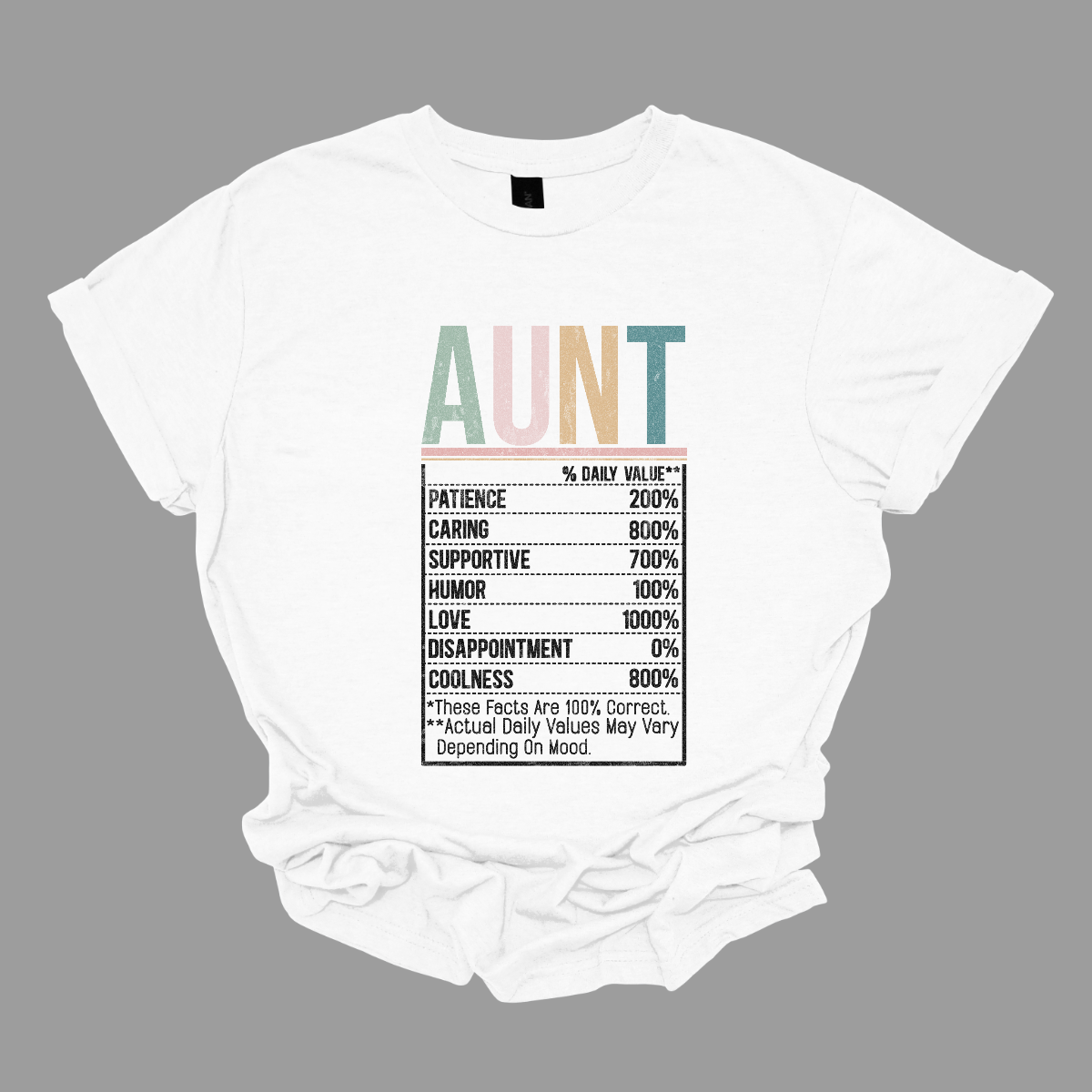 The design for "Dailey Aunt Values" features a vibrant and modern aesthetic with the title displayed in a playful mix of light blue, pink, green, and teal lettering. The typography is fun, bold, and engaging, capturing the essence of a beloved aunt’s personality.
Below the title, the Dailey Values are listed in a stylish and visually appealing way:
Patient, Caring, Supportive, Love, Coolness, and Disappointment 0%.
Shop Gorgeousware.com
