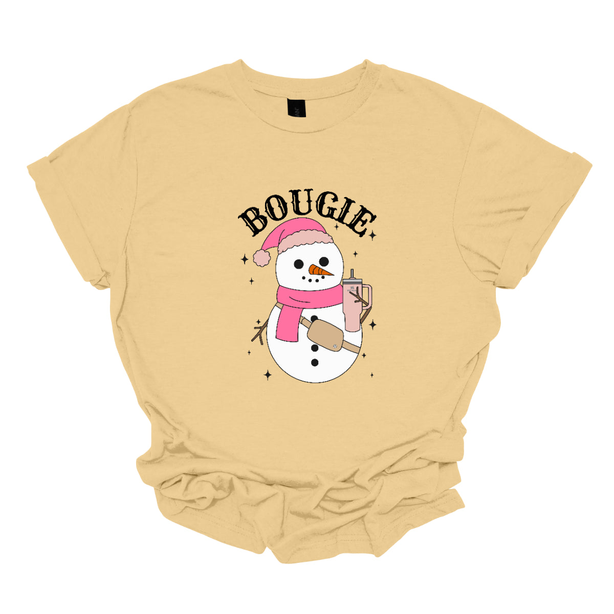 This chic t-shirt features the word "BOUGIE" in elegant, fancy lettering, capturing a stylish vibe. Beneath the text is a charming illustration of a snowman, decked out in a cute pink hat and scarf, exuding festive flair. The snowman is holding a pale pink Stanley cup, adding a trendy touch, while a beige Lululemon belt bag rests around its waist, complete with sparkles that catch the eye and enhance the glamorous theme. Shop Gorgeousware.com
