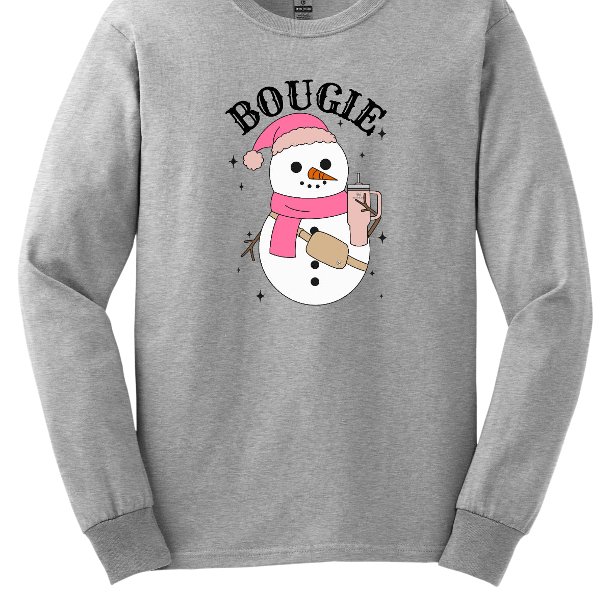 This chic t-shirt features the word "BOUGIE" in elegant, fancy lettering, capturing a stylish vibe. Beneath the text is a charming illustration of a snowman, decked out in a cute pink hat and scarf, exuding festive flair. The snowman is holding a pale pink Stanley cup, adding a trendy touch, while a beige Lululemon belt bag rests around its waist, complete with sparkles that catch the eye and enhance the glamorous theme. Shop Gorgeousware.com