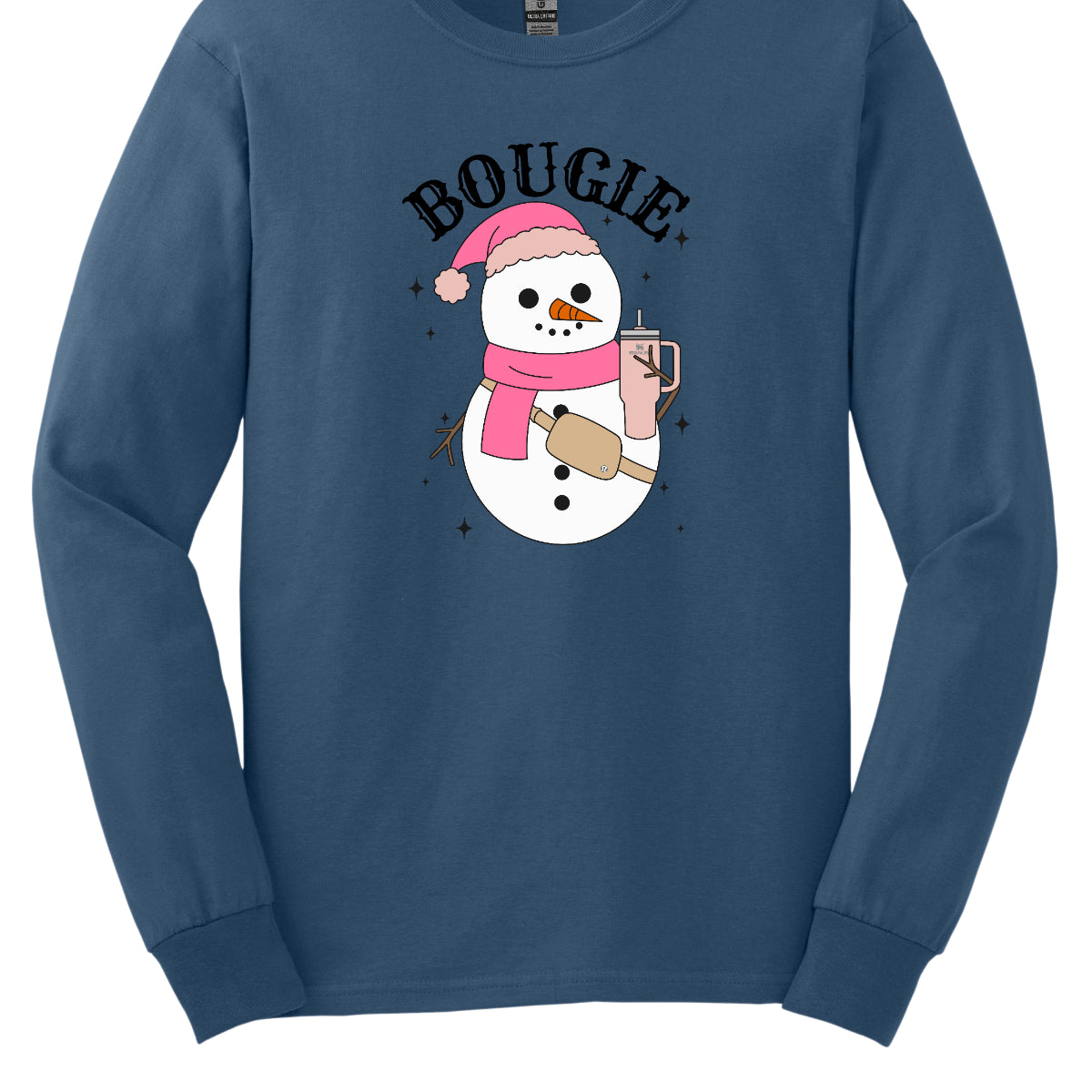 This chic t-shirt features the word "BOUGIE" in elegant, fancy lettering, capturing a stylish vibe. Beneath the text is a charming illustration of a snowman, decked out in a cute pink hat and scarf, exuding festive flair. The snowman is holding a pale pink Stanley cup, adding a trendy touch, while a beige Lululemon belt bag rests around its waist, complete with sparkles that catch the eye and enhance the glamorous theme. Shop Gorgeousware.com
