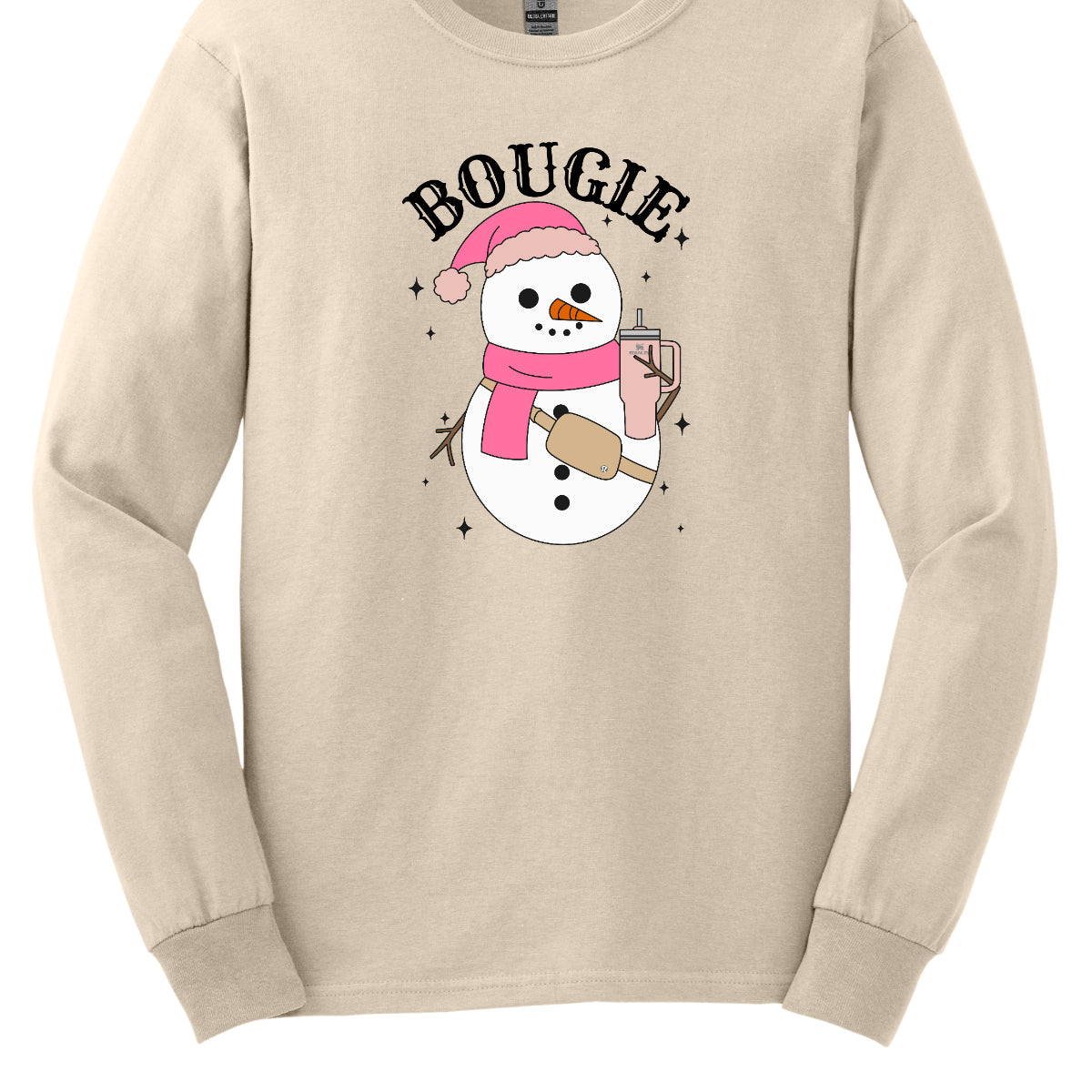 This chic t-shirt features the word "BOUGIE" in elegant, fancy lettering, capturing a stylish vibe. Beneath the text is a charming illustration of a snowman, decked out in a cute pink hat and scarf, exuding festive flair. The snowman is holding a pale pink Stanley cup, adding a trendy touch, while a beige Lululemon belt bag rests around its waist, complete with sparkles that catch the eye and enhance the glamorous theme. Shop Gorgeousware.com