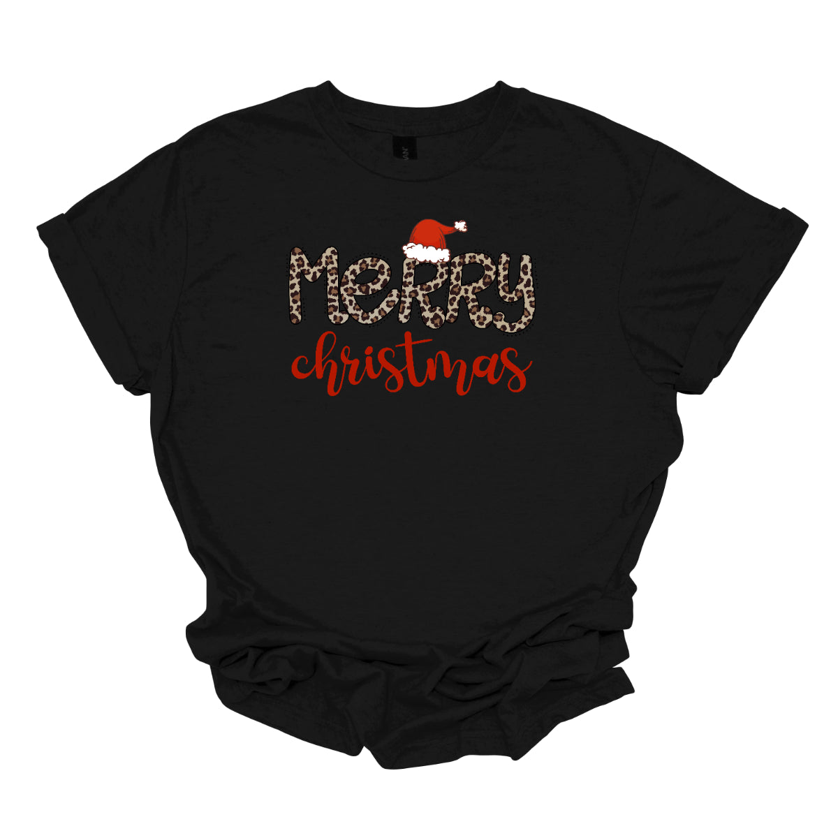 This festive t-shirt features the cheerful phrase "Merry Christmas." The word "Merry" is designed in a playful, bubbly font adorned with a fun cheetah print pattern, making it both eye-catching and stylish. The first "R" is topped with a whimsical Santa hat, adding a delightful holiday touch. Below, the word "Christmas" flows in a beautiful red cursive font, enhancing the festive spirit. This shirt is perfect for spreading holiday cheer with a fun and trendy twist! Shop Gorgeousware.com