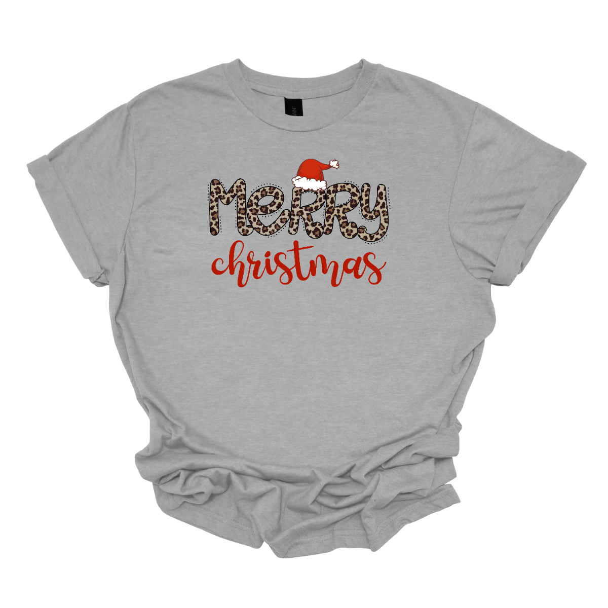 This festive t-shirt features the cheerful phrase "Merry Christmas." The word "Merry" is designed in a playful, bubbly font adorned with a fun cheetah print pattern, making it both eye-catching and stylish. The first "R" is topped with a whimsical Santa hat, adding a delightful holiday touch. Below, the word "Christmas" flows in a beautiful red cursive font, enhancing the festive spirit. This shirt is perfect for spreading holiday cheer with a fun and trendy twist! Shop Gorgeousware.com