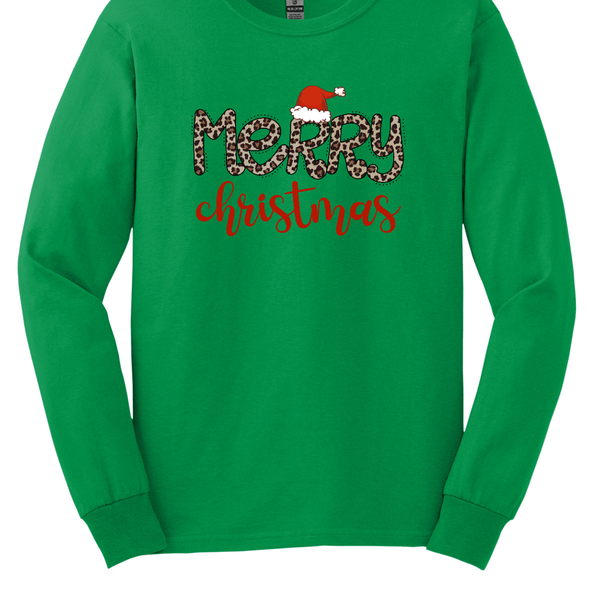 This festive t-shirt features the cheerful phrase "Merry Christmas." The word "Merry" is designed in a playful, bubbly font adorned with a fun cheetah print pattern, making it both eye-catching and stylish. The first "R" is topped with a whimsical Santa hat, adding a delightful holiday touch. Below, the word "Christmas" flows in a beautiful red cursive font, enhancing the festive spirit. This shirt is perfect for spreading holiday cheer with a fun and trendy twist! Shop Gorgeousware.com