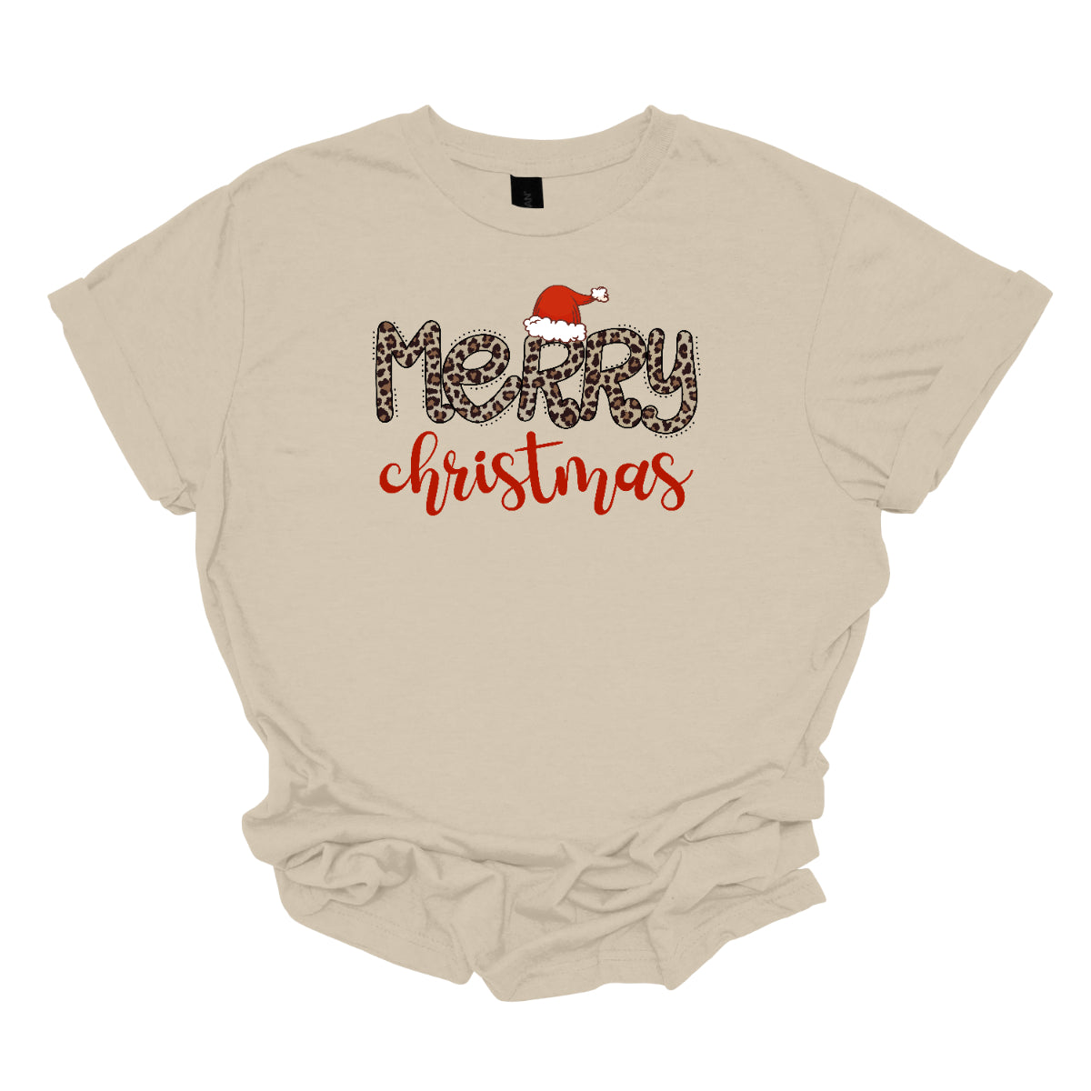 This festive t-shirt features the cheerful phrase "Merry Christmas." The word "Merry" is designed in a playful, bubbly font adorned with a fun cheetah print pattern, making it both eye-catching and stylish. The first "R" is topped with a whimsical Santa hat, adding a delightful holiday touch. Below, the word "Christmas" flows in a beautiful red cursive font, enhancing the festive spirit. This shirt is perfect for spreading holiday cheer with a fun and trendy twist! Shop Gorgeousware.com