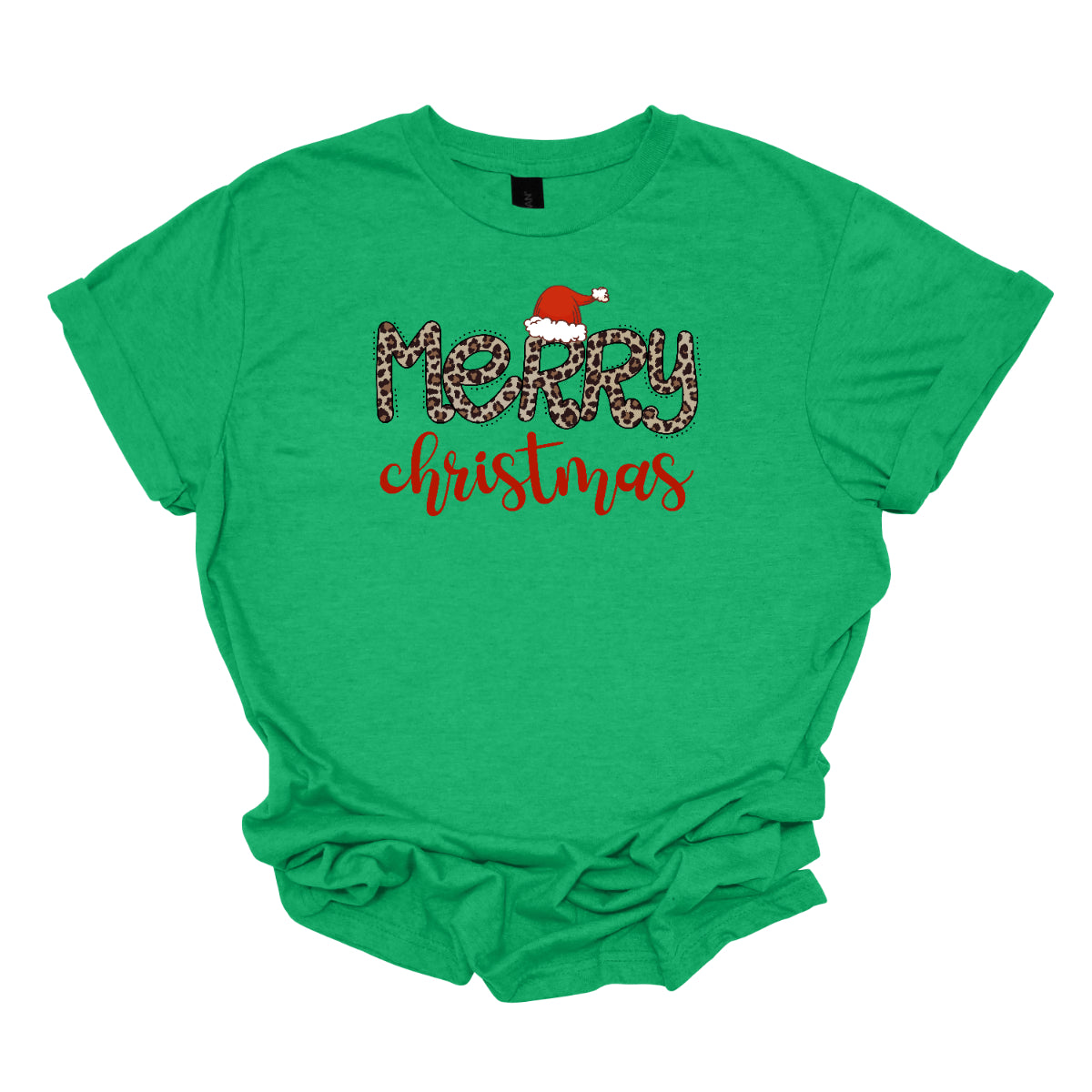 This festive t-shirt features the cheerful phrase "Merry Christmas." The word "Merry" is designed in a playful, bubbly font adorned with a fun cheetah print pattern, making it both eye-catching and stylish. The first "R" is topped with a whimsical Santa hat, adding a delightful holiday touch. Below, the word "Christmas" flows in a beautiful red cursive font, enhancing the festive spirit. This shirt is perfect for spreading holiday cheer with a fun and trendy twist! Shop Gorgeousware.com
