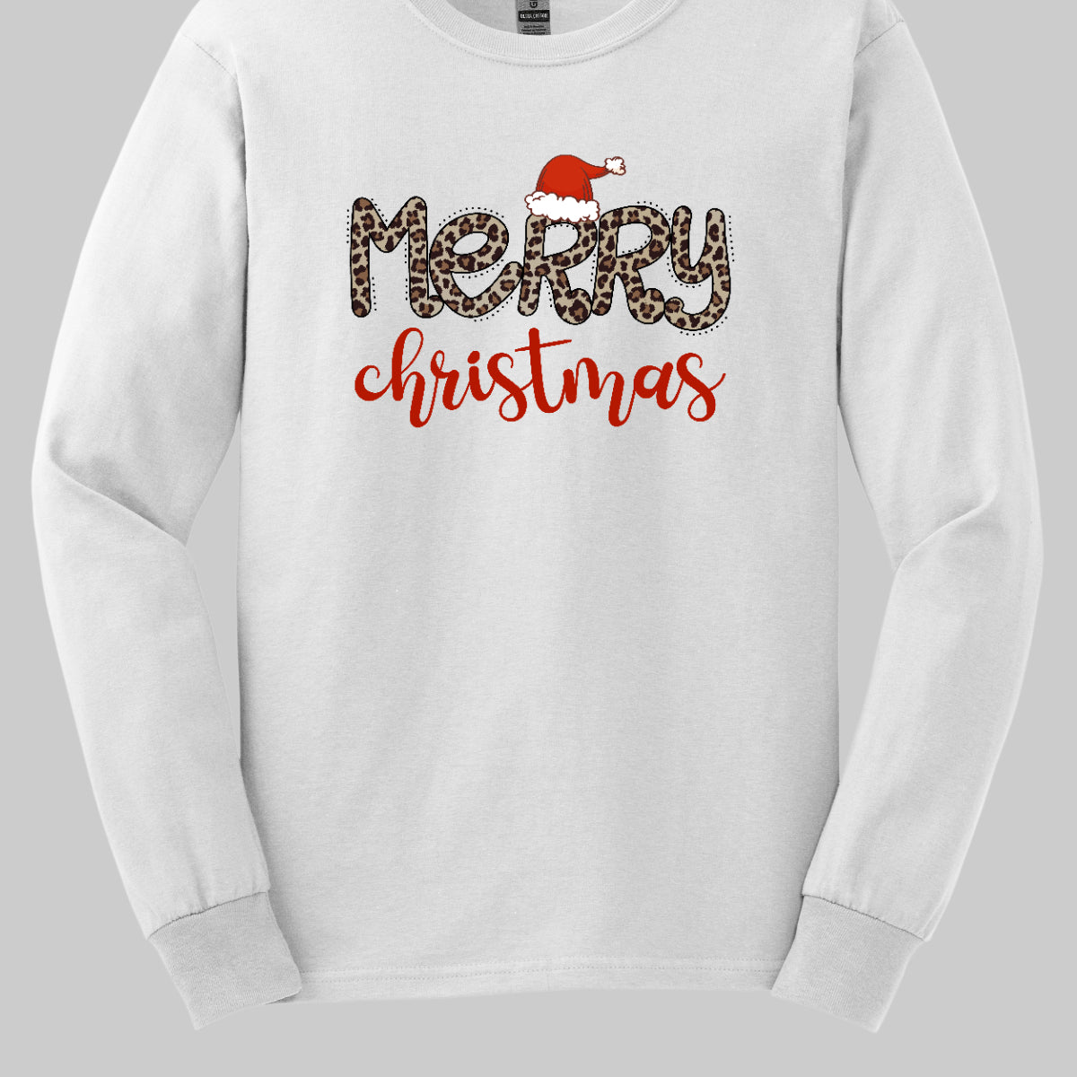 This festive t-shirt features the cheerful phrase "Merry Christmas." The word "Merry" is designed in a playful, bubbly font adorned with a fun cheetah print pattern, making it both eye-catching and stylish. The first "R" is topped with a whimsical Santa hat, adding a delightful holiday touch. Below, the word "Christmas" flows in a beautiful red cursive font, enhancing the festive spirit. This shirt is perfect for spreading holiday cheer with a fun and trendy twist! Shop Gorgeousware.com