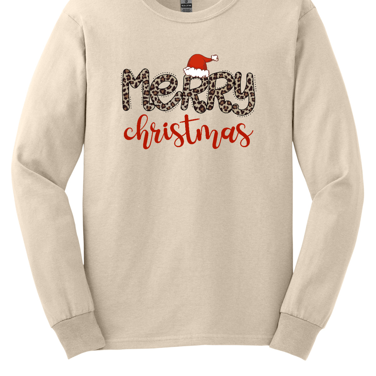 This festive t-shirt features the cheerful phrase "Merry Christmas." The word "Merry" is designed in a playful, bubbly font adorned with a fun cheetah print pattern, making it both eye-catching and stylish. The first "R" is topped with a whimsical Santa hat, adding a delightful holiday touch. Below, the word "Christmas" flows in a beautiful red cursive font, enhancing the festive spirit. This shirt is perfect for spreading holiday cheer with a fun and trendy twist! Shop Gorgeousware.com