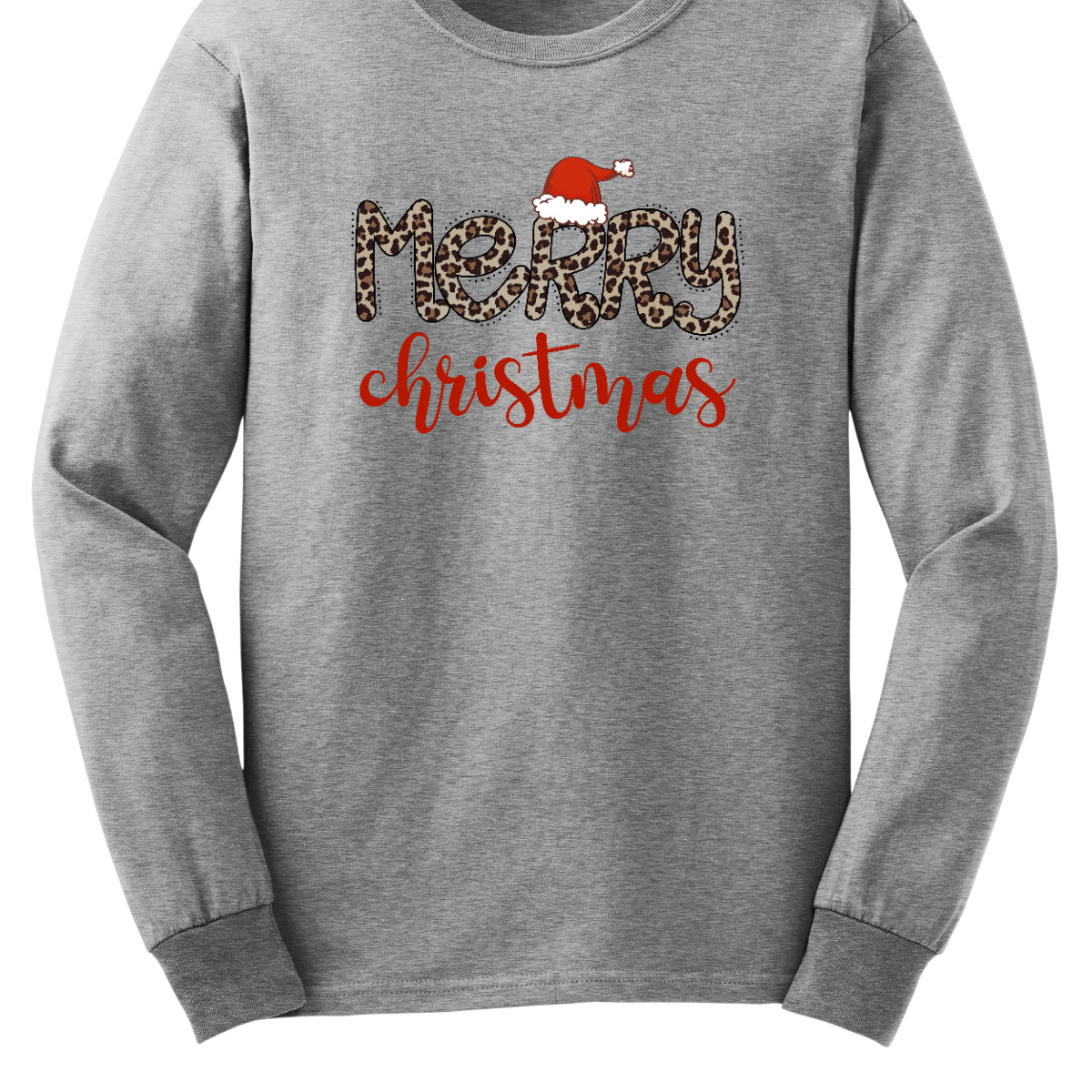 This festive t-shirt features the cheerful phrase "Merry Christmas." The word "Merry" is designed in a playful, bubbly font adorned with a fun cheetah print pattern, making it both eye-catching and stylish. The first "R" is topped with a whimsical Santa hat, adding a delightful holiday touch. Below, the word "Christmas" flows in a beautiful red cursive font, enhancing the festive spirit. This shirt is perfect for spreading holiday cheer with a fun and trendy twist! Shop Gorgeousware.com