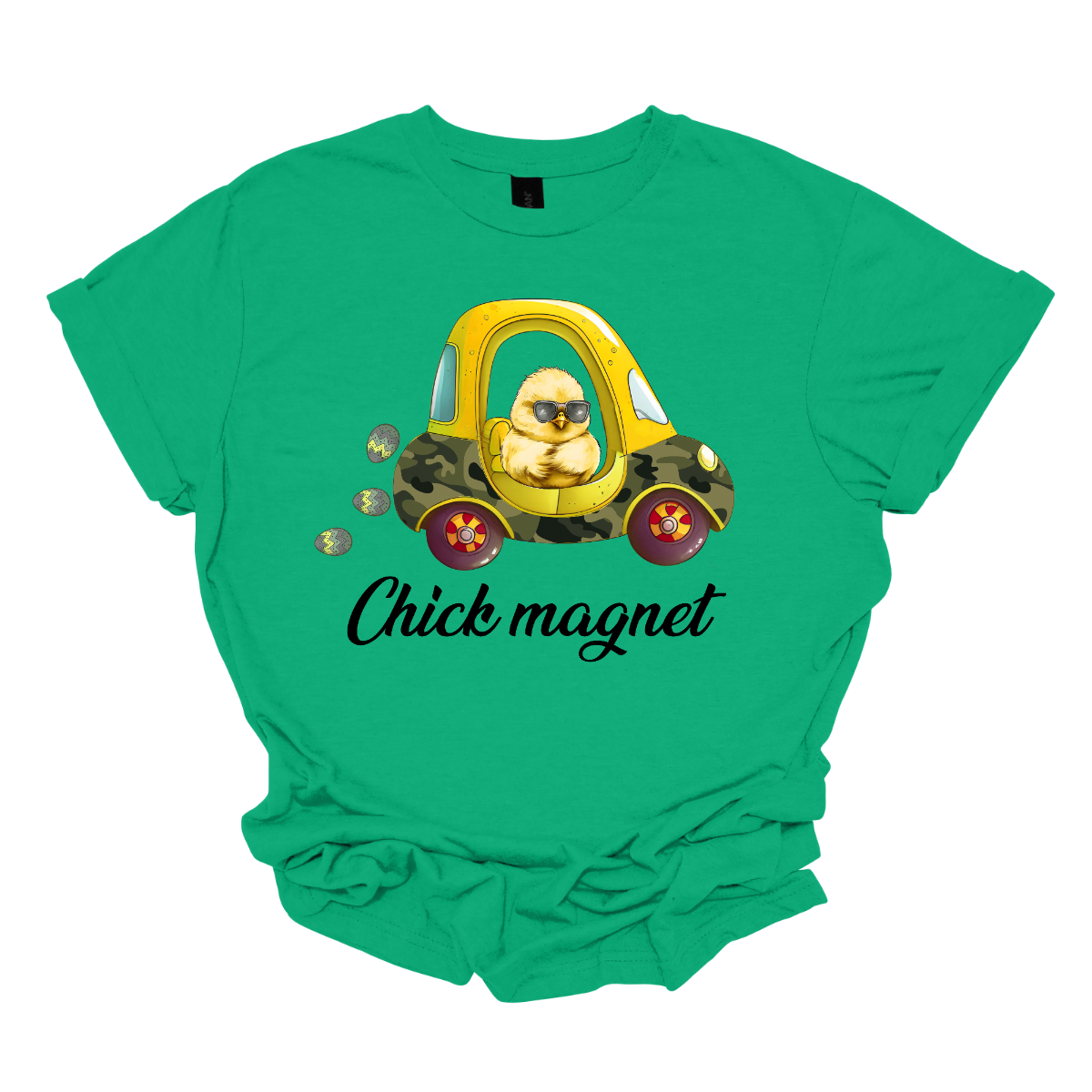 "Chick Magnet" - Drive into Easter with style in our adorable t-shirt featuring a charming little chick cruising in a cozy coupe, sunglasses on and a trail of Easter eggs in its wake. This playful design is sure to turn heads and spread smiles wherever you go, capturing the fun and excitement of the holiday season. Shop at Gorgeousware.com