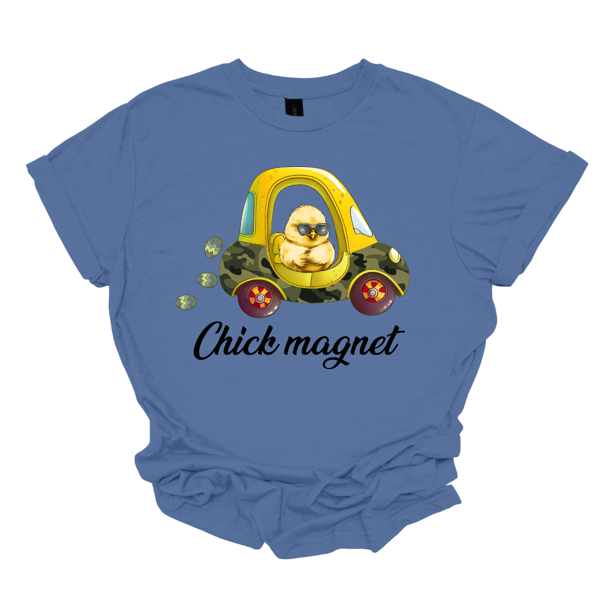 "Chick Magnet" - Drive into Easter with style in our adorable t-shirt featuring a charming little chick cruising in a cozy coupe, sunglasses on and a trail of Easter eggs in its wake. This playful design is sure to turn heads and spread smiles wherever you go, capturing the fun and excitement of the holiday season. Shop at Gorgeousware.com