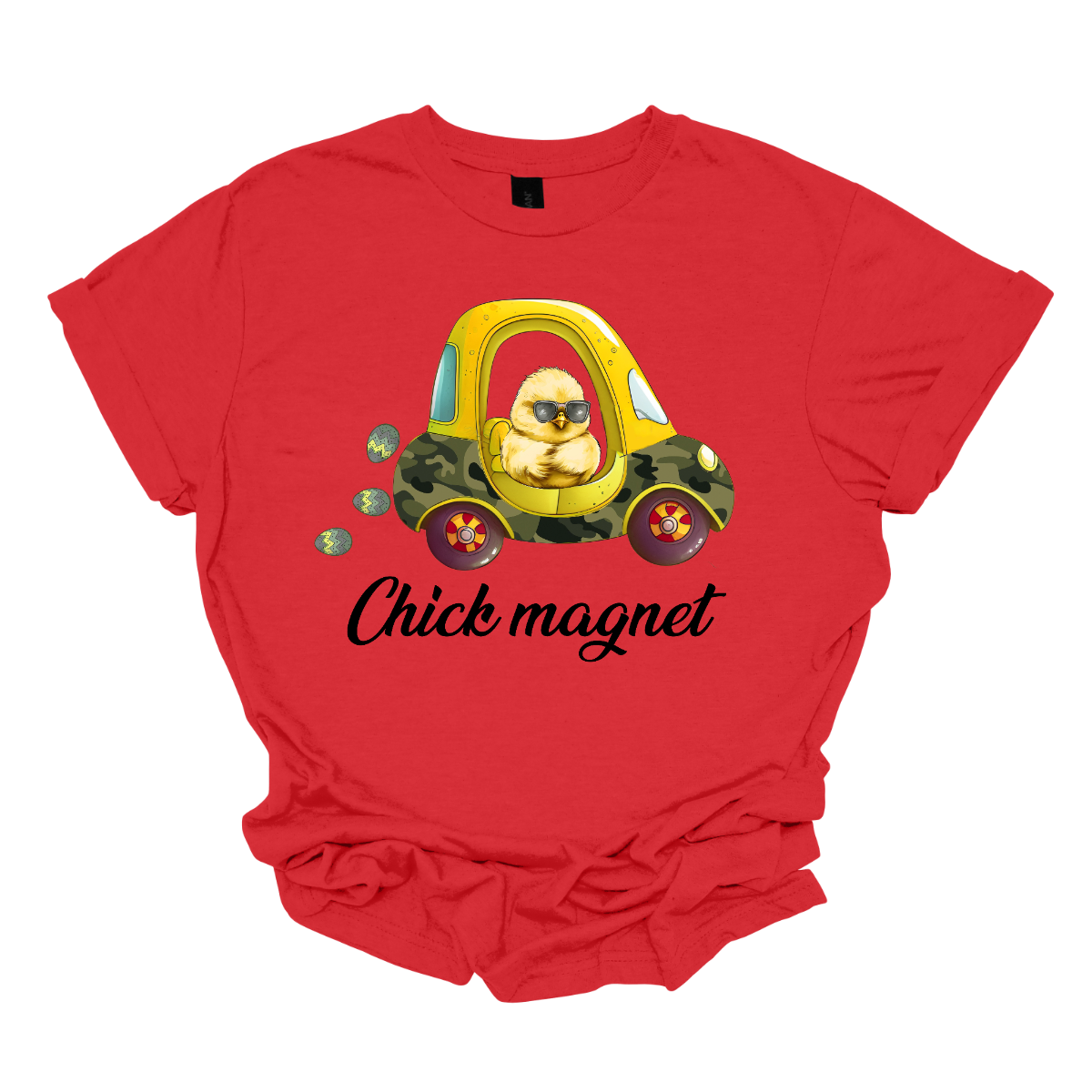 "Chick Magnet" - Drive into Easter with style in our adorable t-shirt featuring a charming little chick cruising in a cozy coupe, sunglasses on and a trail of Easter eggs in its wake. This playful design is sure to turn heads and spread smiles wherever you go, capturing the fun and excitement of the holiday season. Shop at Gorgeousware.com