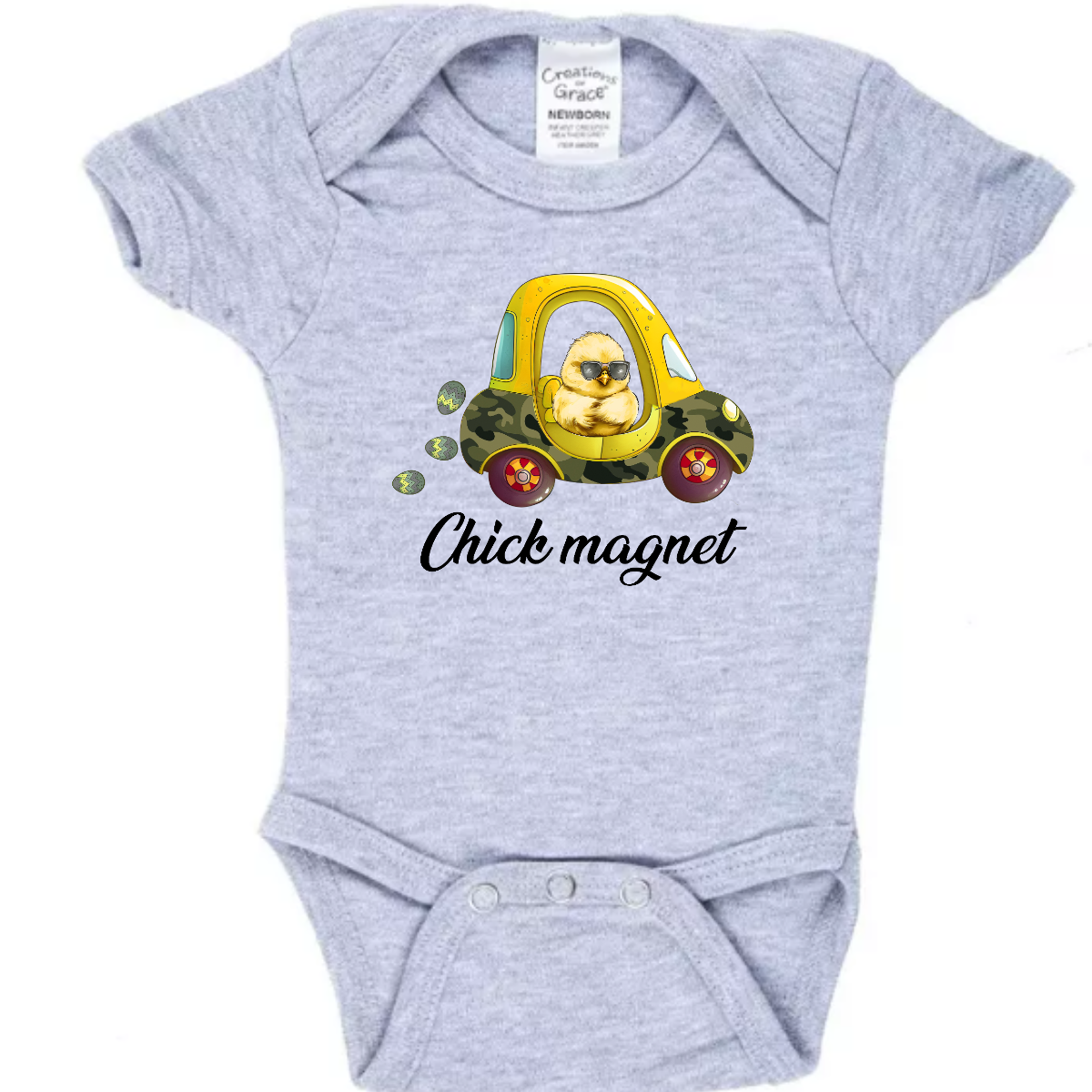"Chick Magnet" - Drive into Easter with style in our adorable t-shirt featuring a charming little chick cruising in a cozy coupe, sunglasses on and a trail of Easter eggs in its wake. This playful design is sure to turn heads and spread smiles wherever you go, capturing the fun and excitement of the holiday season. Shop at Gorgeousware.com