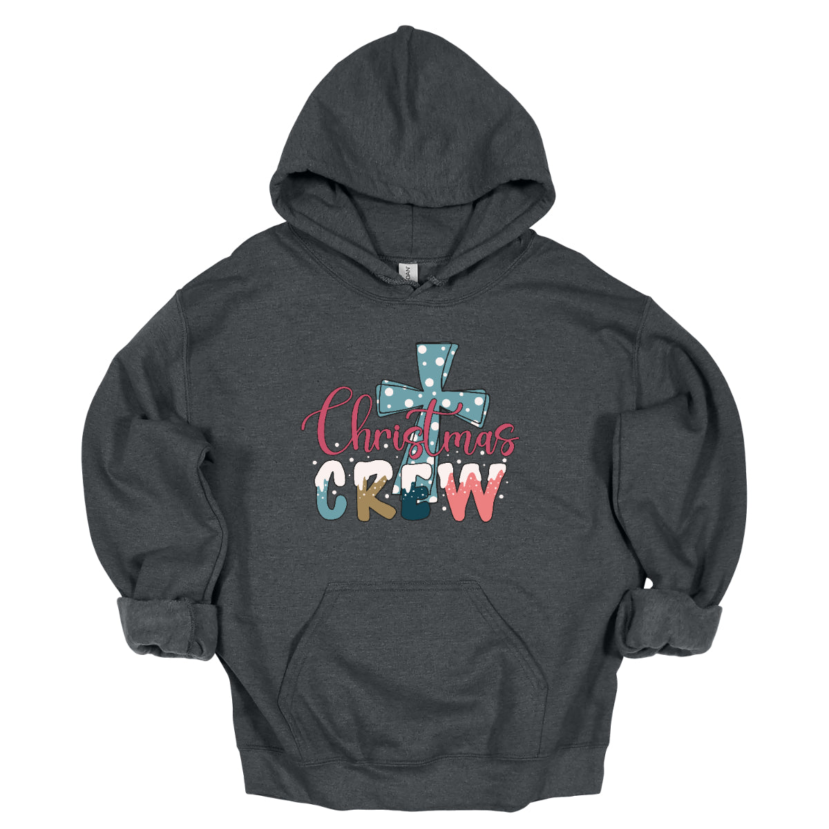 This festive t-shirt features the phrase "Christmas Crew" in a fun, playful font. The letters are adorned with a whimsical snow cap at the top, giving a delightful wintery touch. Behind the text, a bold blue cross serves as a striking backdrop, decorated with cheerful white polka dots that add to the holiday spirit.