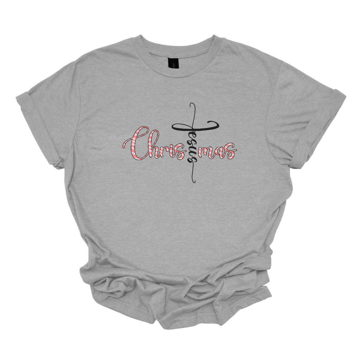 This charming t-shirt features the word "Christmas" in a delightful bubbly cursive font, designed with festive white and red stripes to mimic a candy cane. A unique twist makes the letter "t" stand out as the word "Jesus" rendered in elegant black cursive font. This creative design beautifully blends holiday spirit with a meaningful message, making it a perfect choice for celebrating the season in style and faith! Shop Gorgeousware.com