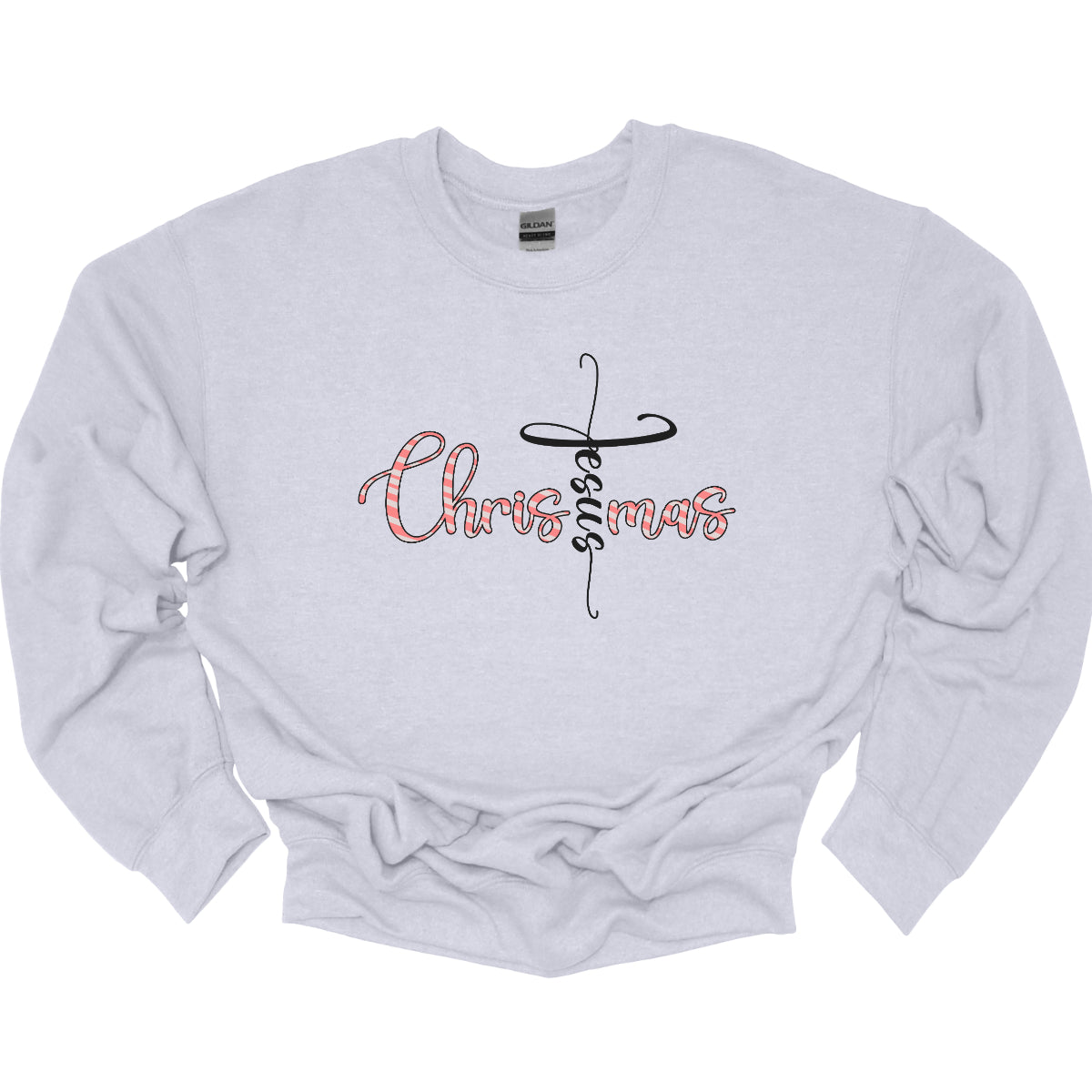 This charming t-shirt features the word "Christmas" in a delightful bubbly cursive font, designed with festive white and red stripes to mimic a candy cane. A unique twist makes the letter "t" stand out as the word "Jesus" rendered in elegant black cursive font. This creative design beautifully blends holiday spirit with a meaningful message, making it a perfect choice for celebrating the season in style and faith! Shop Gorgeousware.com