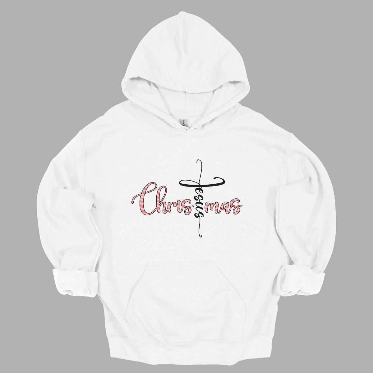This charming t-shirt features the word "Christmas" in a delightful bubbly cursive font, designed with festive white and red stripes to mimic a candy cane. A unique twist makes the letter "t" stand out as the word "Jesus" rendered in elegant black cursive font. This creative design beautifully blends holiday spirit with a meaningful message, making it a perfect choice for celebrating the season in style and faith! Shop Gorgeousware.com