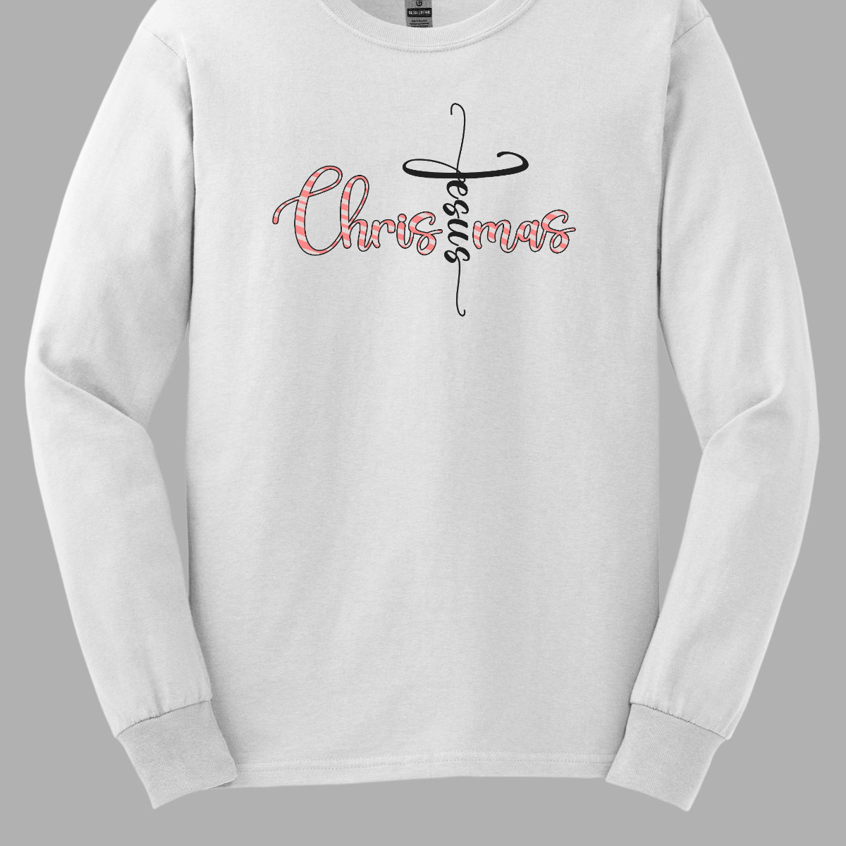 This charming t-shirt features the word "Christmas" in a delightful bubbly cursive font, designed with festive white and red stripes to mimic a candy cane. A unique twist makes the letter "t" stand out as the word "Jesus" rendered in elegant black cursive font. This creative design beautifully blends holiday spirit with a meaningful message, making it a perfect choice for celebrating the season in style and faith! Shop Gorgeousware.com