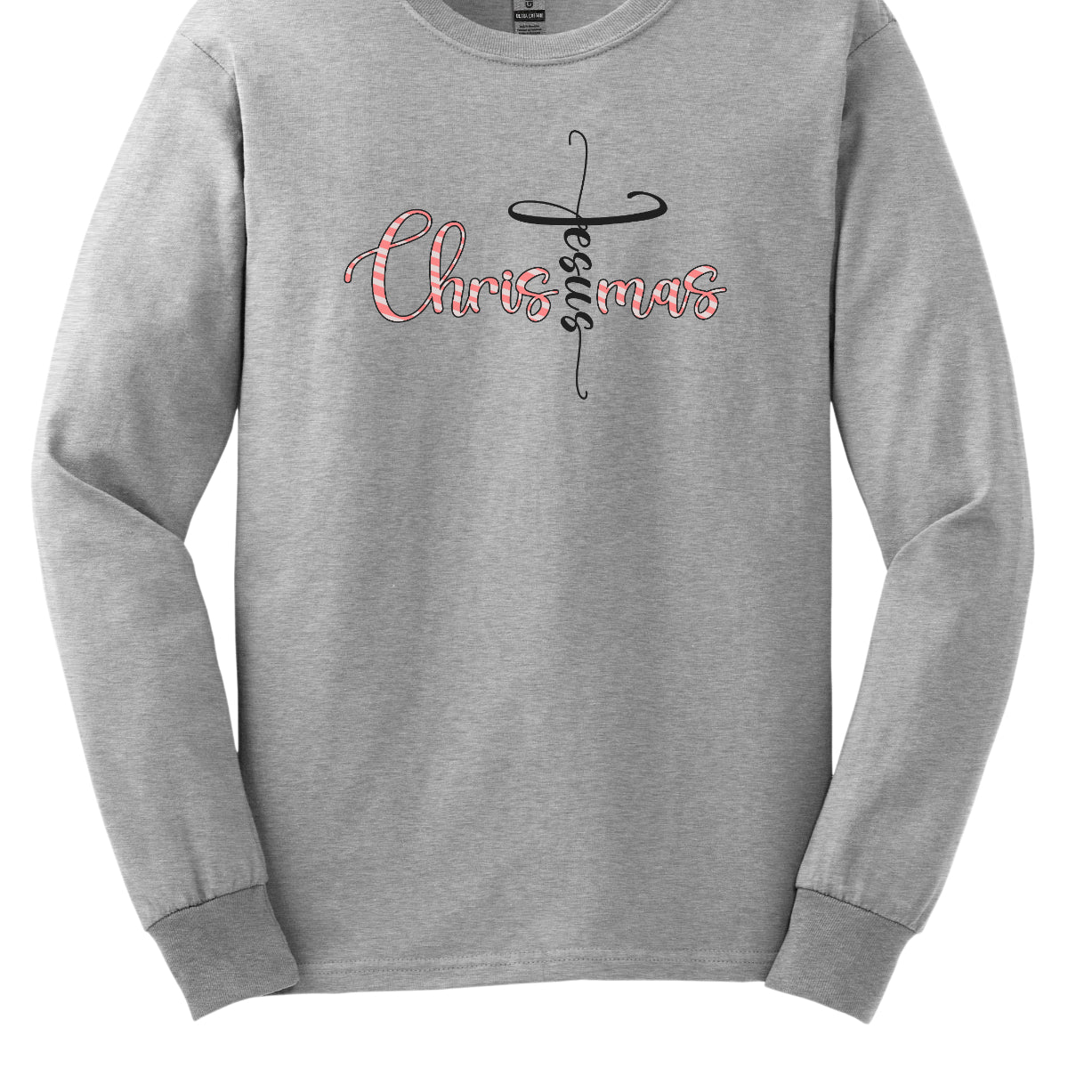 This charming t-shirt features the word "Christmas" in a delightful bubbly cursive font, designed with festive white and red stripes to mimic a candy cane. A unique twist makes the letter "t" stand out as the word "Jesus" rendered in elegant black cursive font. This creative design beautifully blends holiday spirit with a meaningful message, making it a perfect choice for celebrating the season in style and faith! Shop Gorgeousware.com