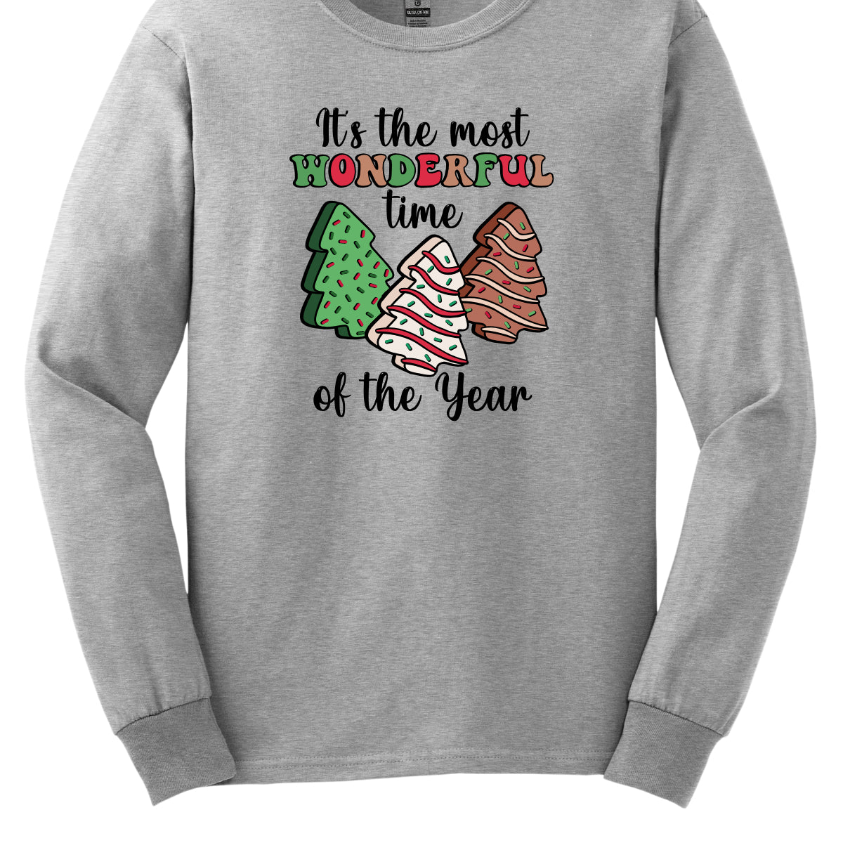 This festive t-shirt features the phrase "It's the most wonderful time of the year" in a stylish black cursive font, creating an elegant backdrop for the holiday message. The word "wonderful" stands out in a playful bubbly font that alternates between vibrant green, cheerful red, and warm brown, adding a whimsical touch. Shop Gorgeousware.com