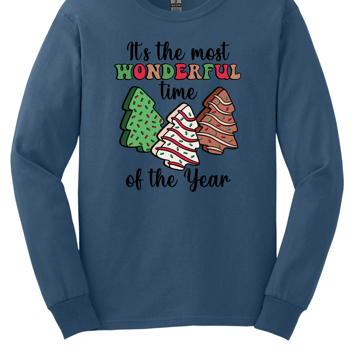 This festive t-shirt features the phrase "It's the most wonderful time of the year" in a stylish black cursive font, creating an elegant backdrop for the holiday message. The word "wonderful" stands out in a playful bubbly font that alternates between vibrant green, cheerful red, and warm brown, adding a whimsical touch. Shop Gorgeousware.com