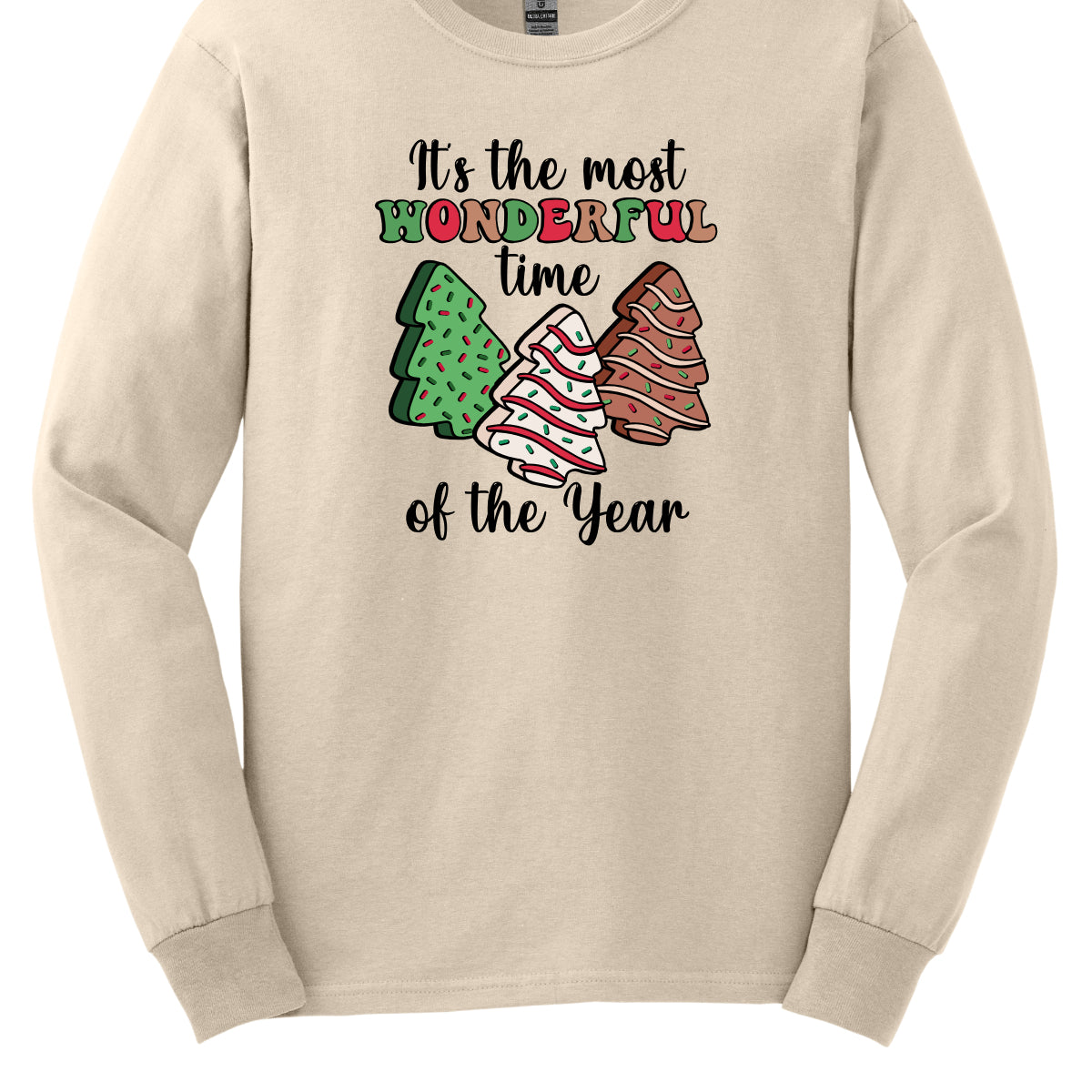 This festive t-shirt features the phrase "It's the most wonderful time of the year" in a stylish black cursive font, creating an elegant backdrop for the holiday message. The word "wonderful" stands out in a playful bubbly font that alternates between vibrant green, cheerful red, and warm brown, adding a whimsical touch. Shop Gorgeousware.com