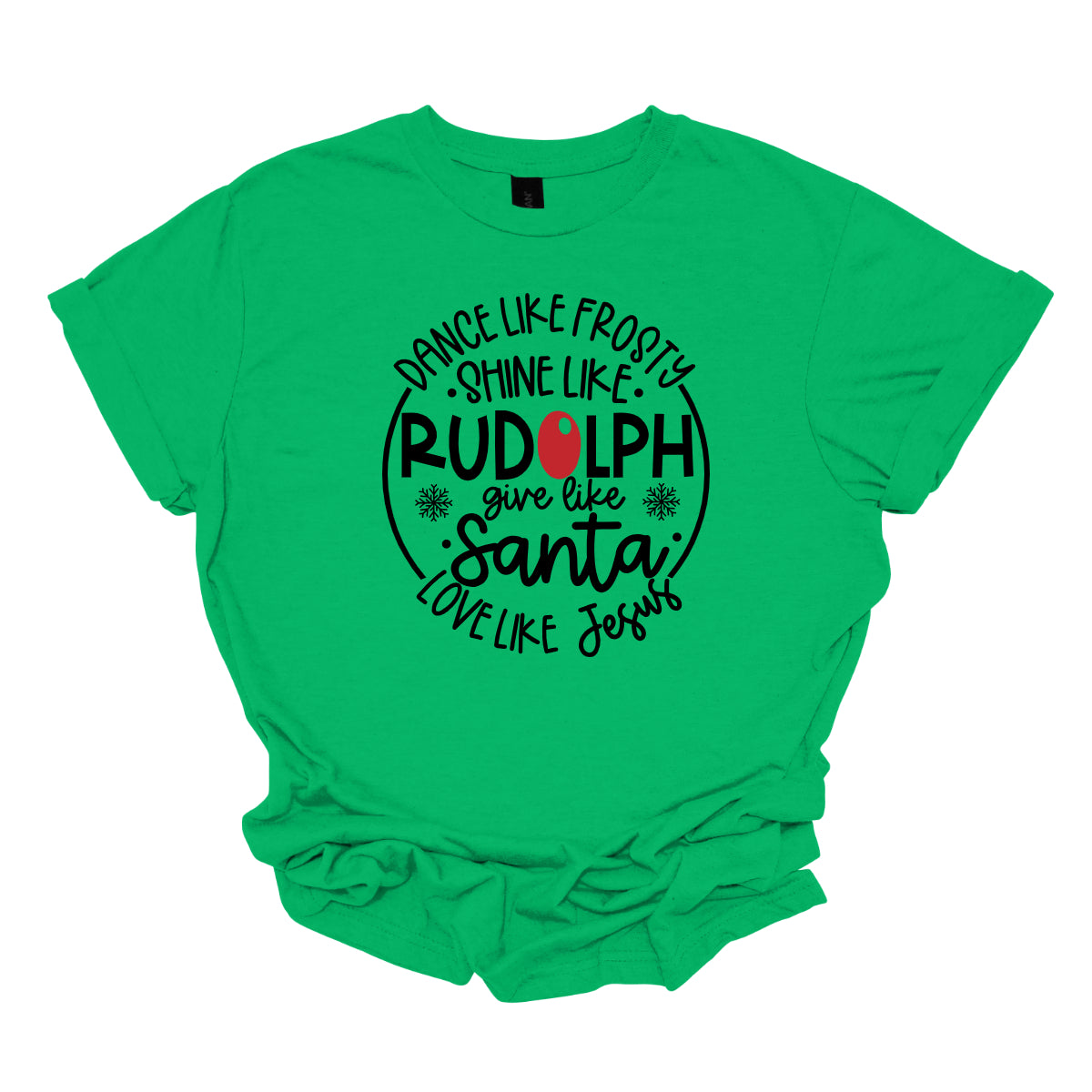 This heartwarming t-shirt features the uplifting phrase "Dance like Frosty, shine like Rudolph, give like Santa, love like Jesus" arranged in an array of stylish black fonts that create a dynamic and eye-catching design. The “O” in "Rudolph" is playfully highlighted in red, resembling his famous nose, adding a festive touch to the overall look. Shop Gorgeousware.com