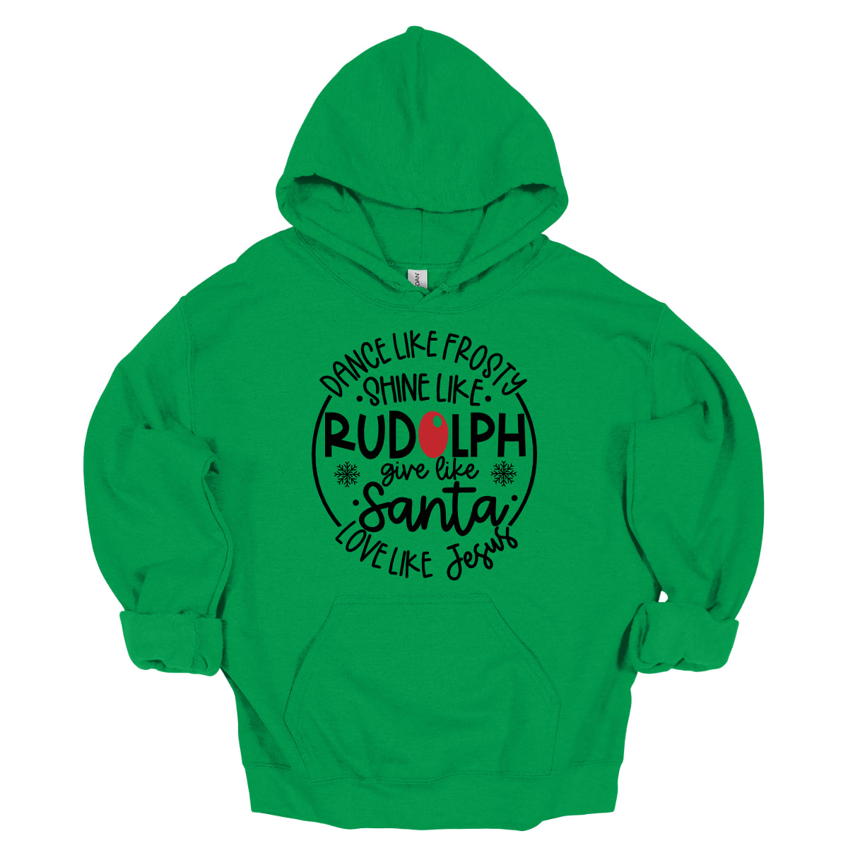 This heartwarming t-shirt features the uplifting phrase "Dance like Frosty, shine like Rudolph, give like Santa, love like Jesus" arranged in an array of stylish black fonts that create a dynamic and eye-catching design. The “O” in "Rudolph" is playfully highlighted in red, resembling his famous nose, adding a festive touch to the overall look. Shop Gorgeousware.com