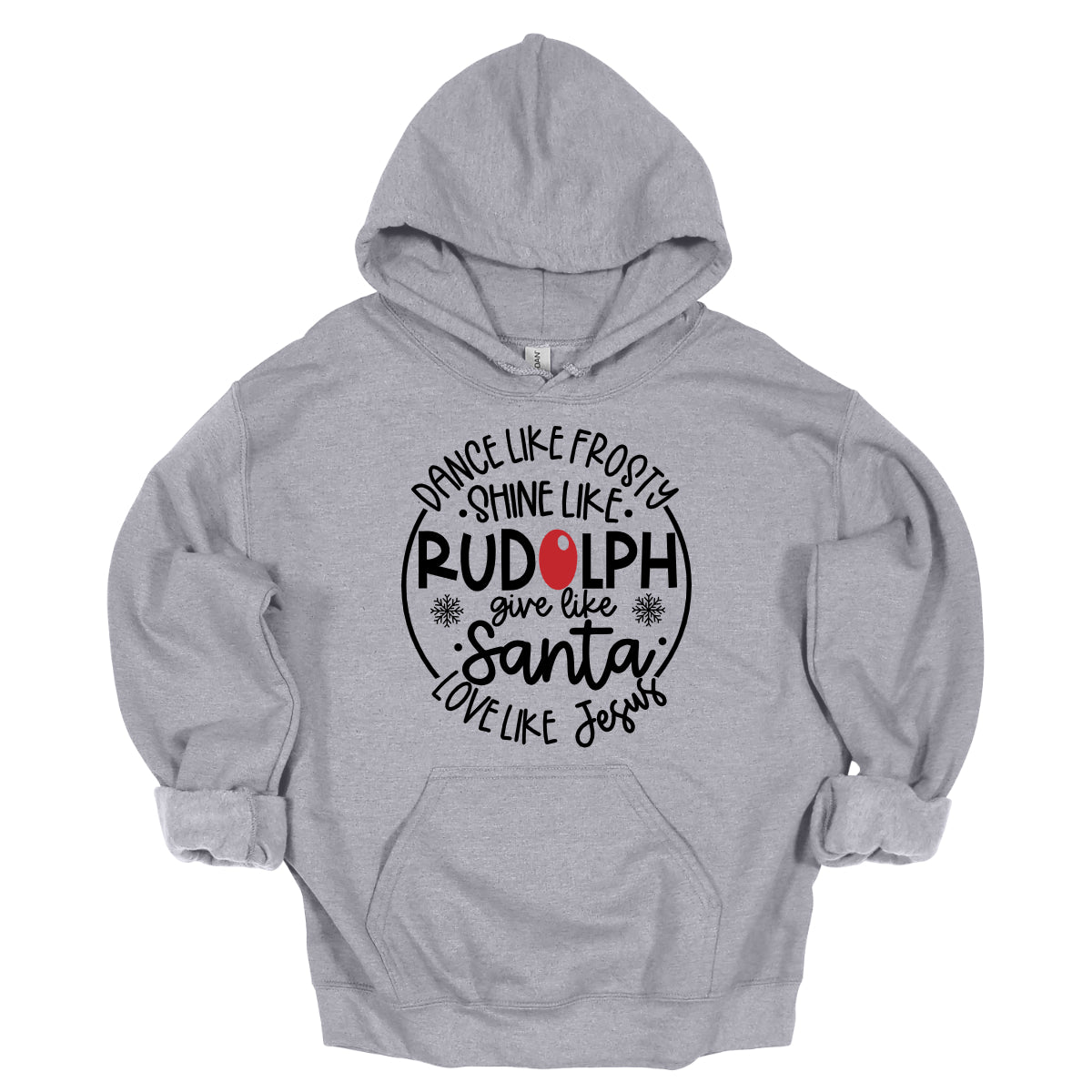 This heartwarming t-shirt features the uplifting phrase "Dance like Frosty, shine like Rudolph, give like Santa, love like Jesus" arranged in an array of stylish black fonts that create a dynamic and eye-catching design. The “O” in "Rudolph" is playfully highlighted in red, resembling his famous nose, adding a festive touch to the overall look. Shop Gorgeousware.com