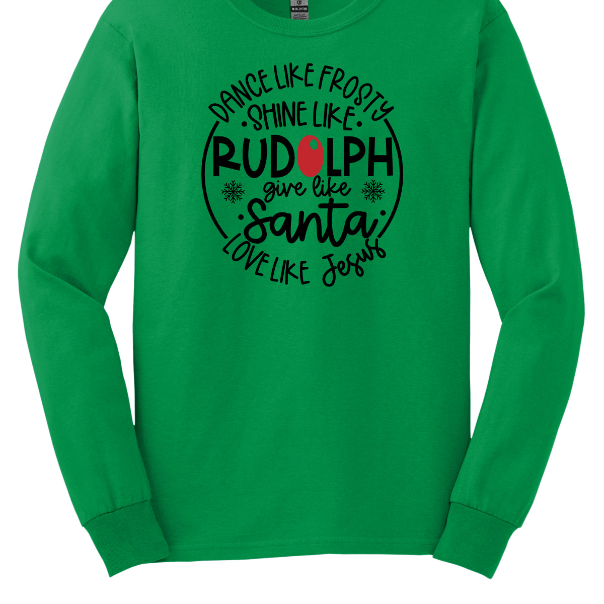 This heartwarming t-shirt features the uplifting phrase "Dance like Frosty, shine like Rudolph, give like Santa, love like Jesus" arranged in an array of stylish black fonts that create a dynamic and eye-catching design. The “O” in "Rudolph" is playfully highlighted in red, resembling his famous nose, adding a festive touch to the overall look. Shop Gorgeousware.com