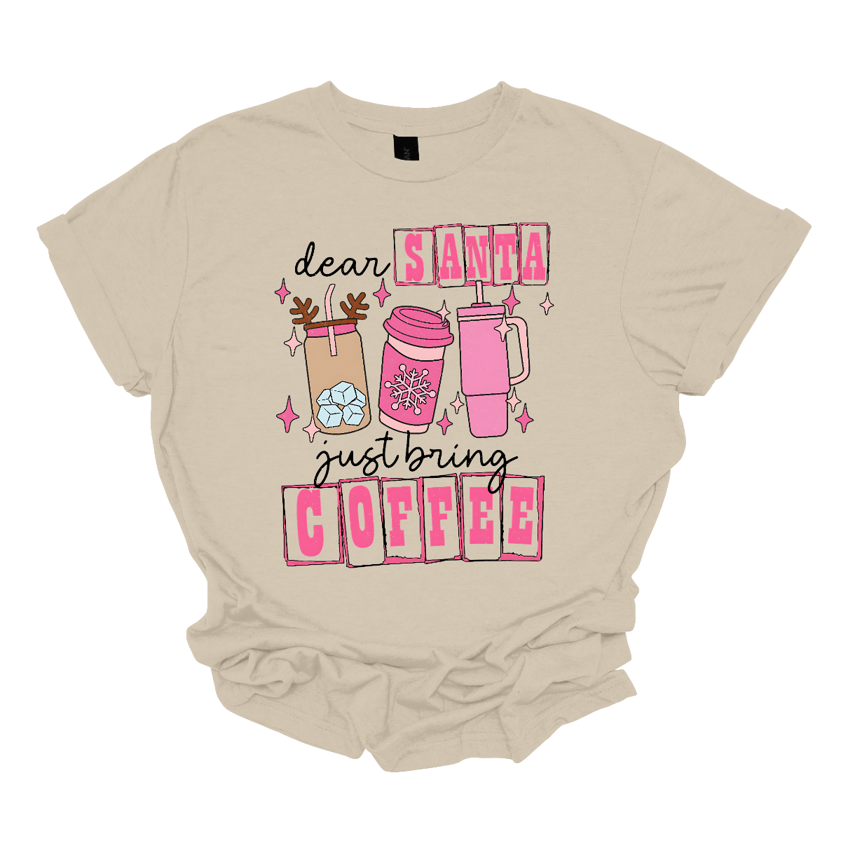 holiday season isn't complete without a little caffeine boost! The design features the cheeky phrase, "Dear Santa, Just bring coffee", in bold, fun lettering. The words "Santa" and "coffee" are highlighted with hot pink block-outlined boxes, adding a pop of color and flair to the design. Shop at Gorgeousware.com
