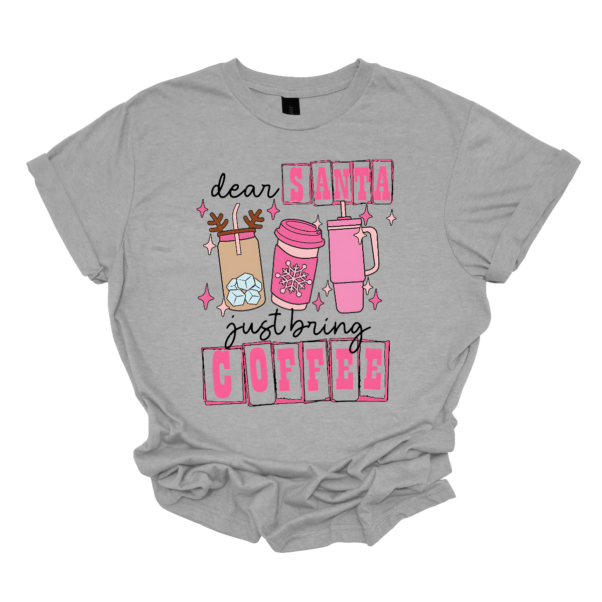 holiday season isn't complete without a little caffeine boost! The design features the cheeky phrase, "Dear Santa, Just bring coffee", in bold, fun lettering. The words "Santa" and "coffee" are highlighted with hot pink block-outlined boxes, adding a pop of color and flair to the design. Shop at Gorgeousware.com