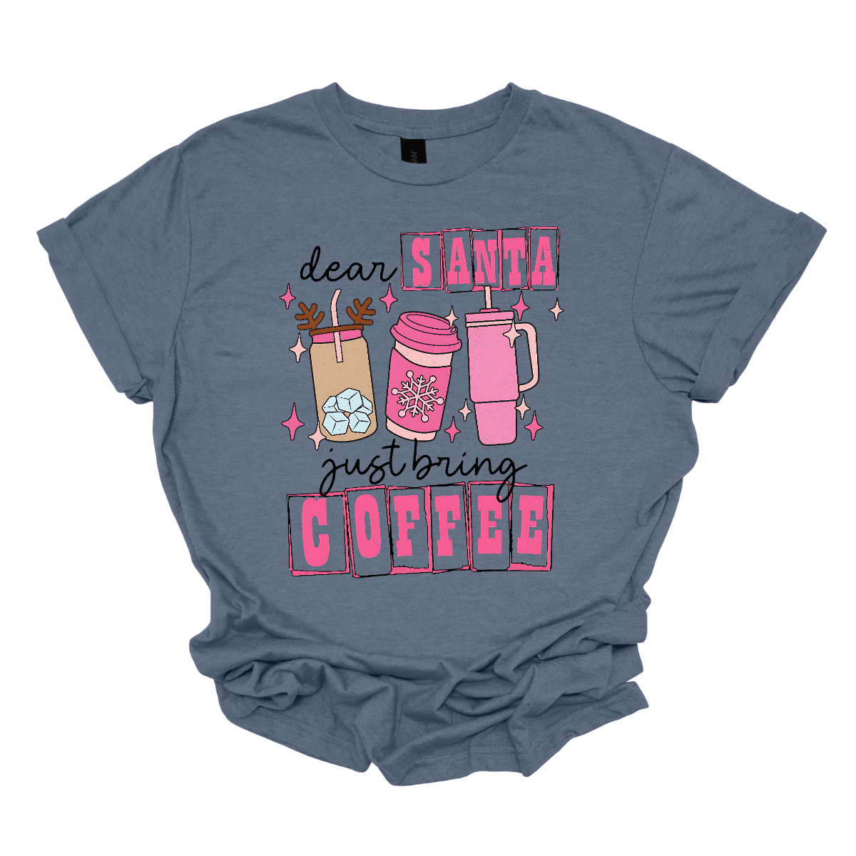 holiday season isn't complete without a little caffeine boost! The design features the cheeky phrase, "Dear Santa, Just bring coffee", in bold, fun lettering. The words "Santa" and "coffee" are highlighted with hot pink block-outlined boxes, adding a pop of color and flair to the design. Shop at Gorgeousware.com
