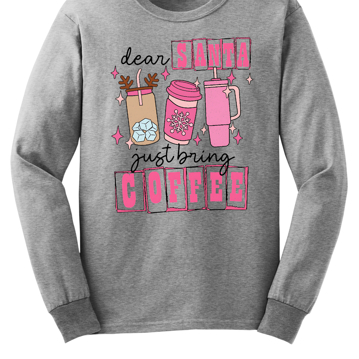 holiday season isn't complete without a little caffeine boost! The design features the cheeky phrase, "Dear Santa, Just bring coffee", in bold, fun lettering. The words "Santa" and "coffee" are highlighted with hot pink block-outlined boxes, adding a pop of color and flair to the design. Shop at Gorgeousware.com