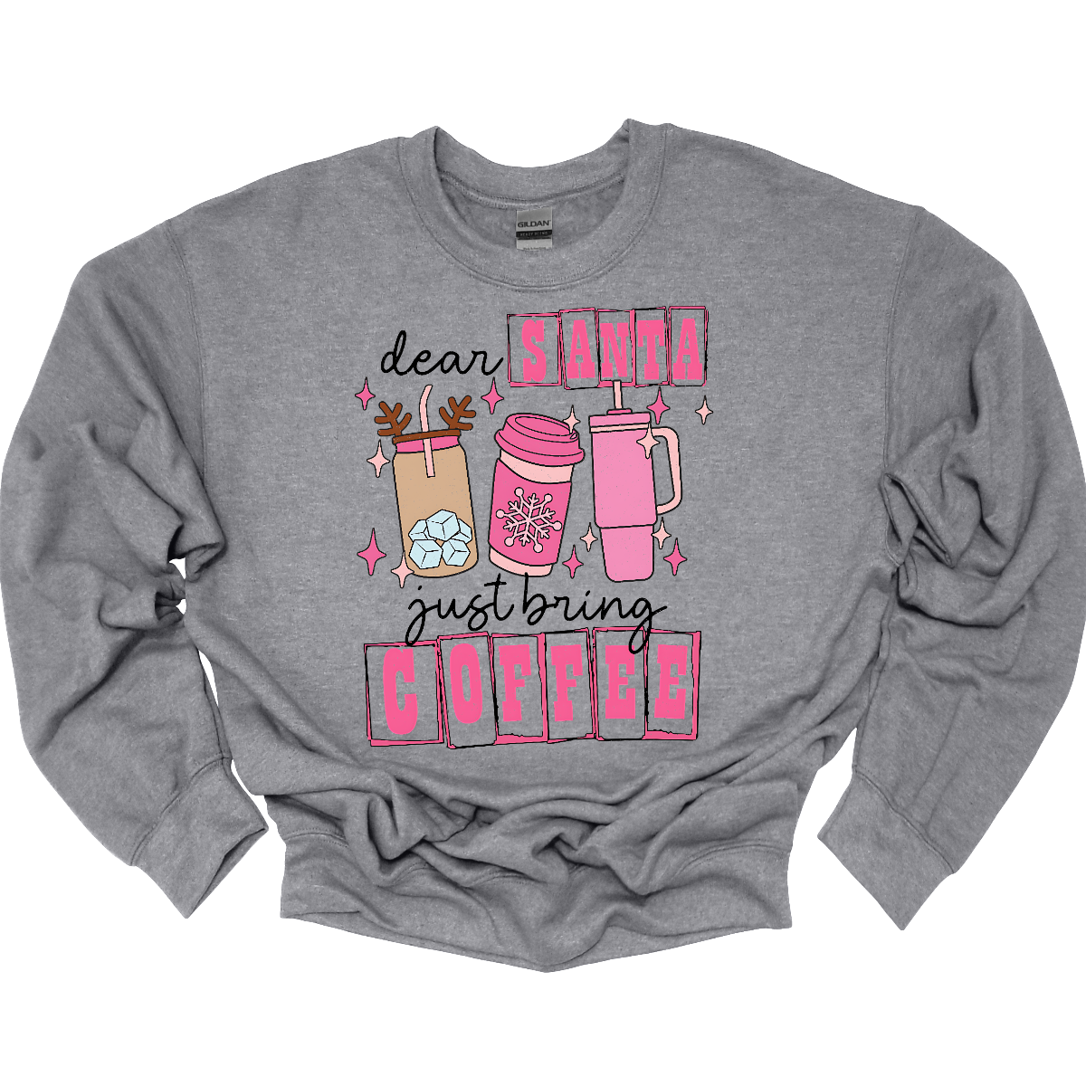 holiday season isn't complete without a little caffeine boost! The design features the cheeky phrase, "Dear Santa, Just bring coffee", in bold, fun lettering. The words "Santa" and "coffee" are highlighted with hot pink block-outlined boxes, adding a pop of color and flair to the design. Shop at Gorgeousware.com