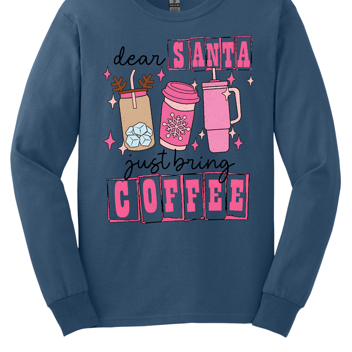holiday season isn't complete without a little caffeine boost! The design features the cheeky phrase, "Dear Santa, Just bring coffee", in bold, fun lettering. The words "Santa" and "coffee" are highlighted with hot pink block-outlined boxes, adding a pop of color and flair to the design. Shop at Gorgeousware.com
