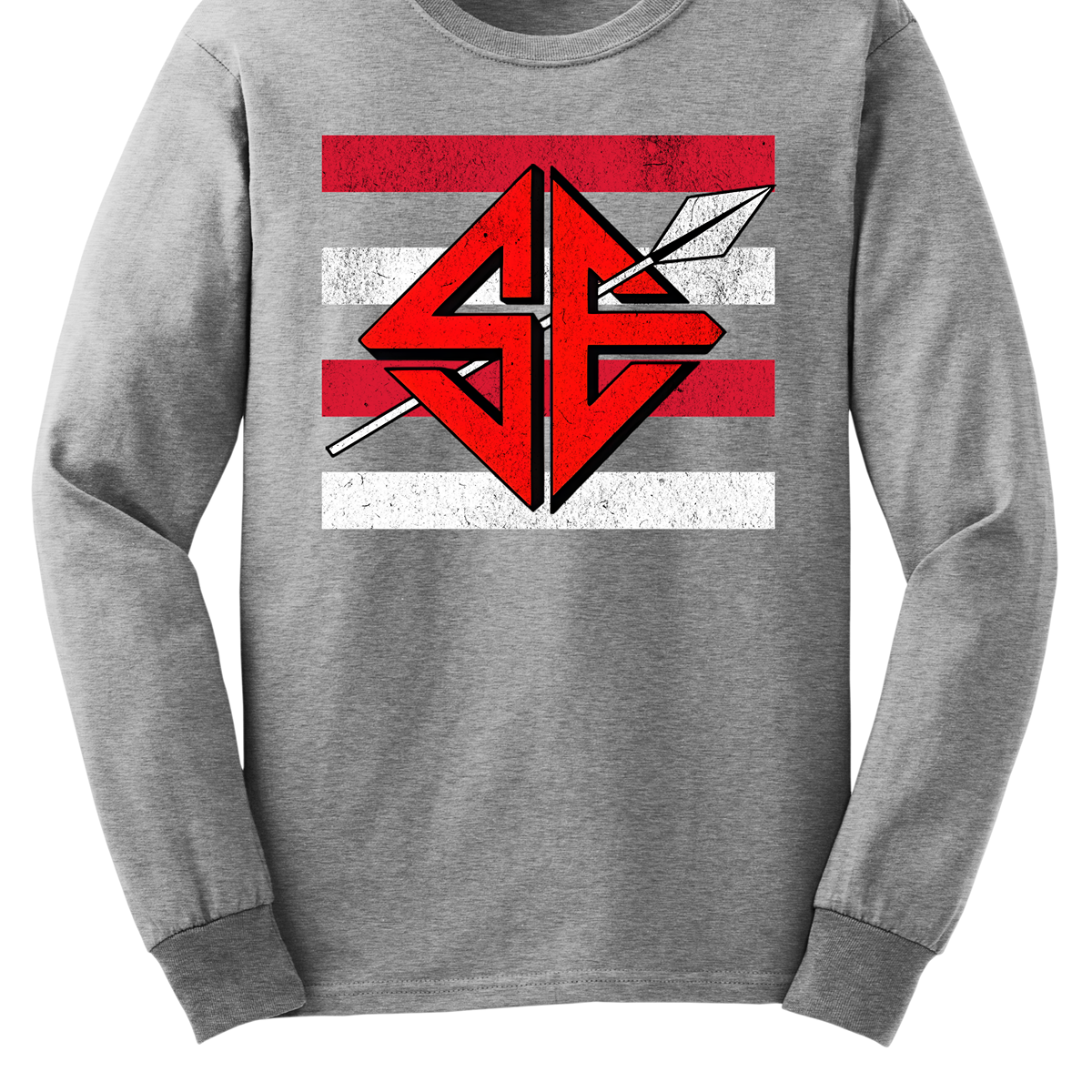 The shirt design features a bold and striking graphic of the SEMO Redhawk mascot, which takes center stage in the composition. The Redhawk is rendered in large, dynamic proportions, commanding attention with its fierce and powerful depiction. It is placed prominently against a backdrop of alternating horizontal bars, each separated by a thin space. The bars are layered in a staggered pattern, giving the entire design a worn-in, vintage aesthetic. Shop at Gorgeousware.com