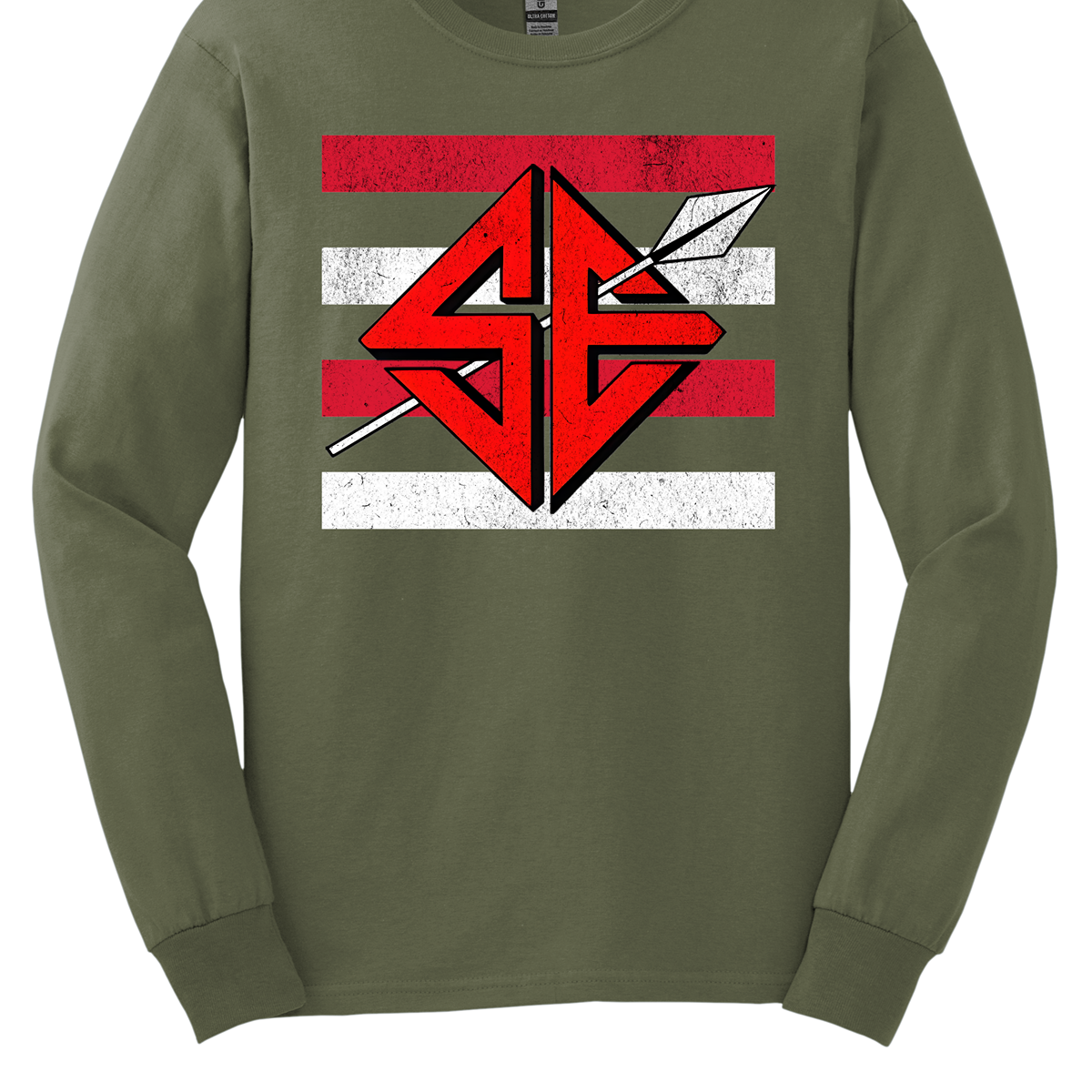 The shirt design features a bold and striking graphic of the SEMO Redhawk mascot, which takes center stage in the composition. The Redhawk is rendered in large, dynamic proportions, commanding attention with its fierce and powerful depiction. It is placed prominently against a backdrop of alternating horizontal bars, each separated by a thin space. The bars are layered in a staggered pattern, giving the entire design a worn-in, vintage aesthetic. Shop at Gorgeousware.com