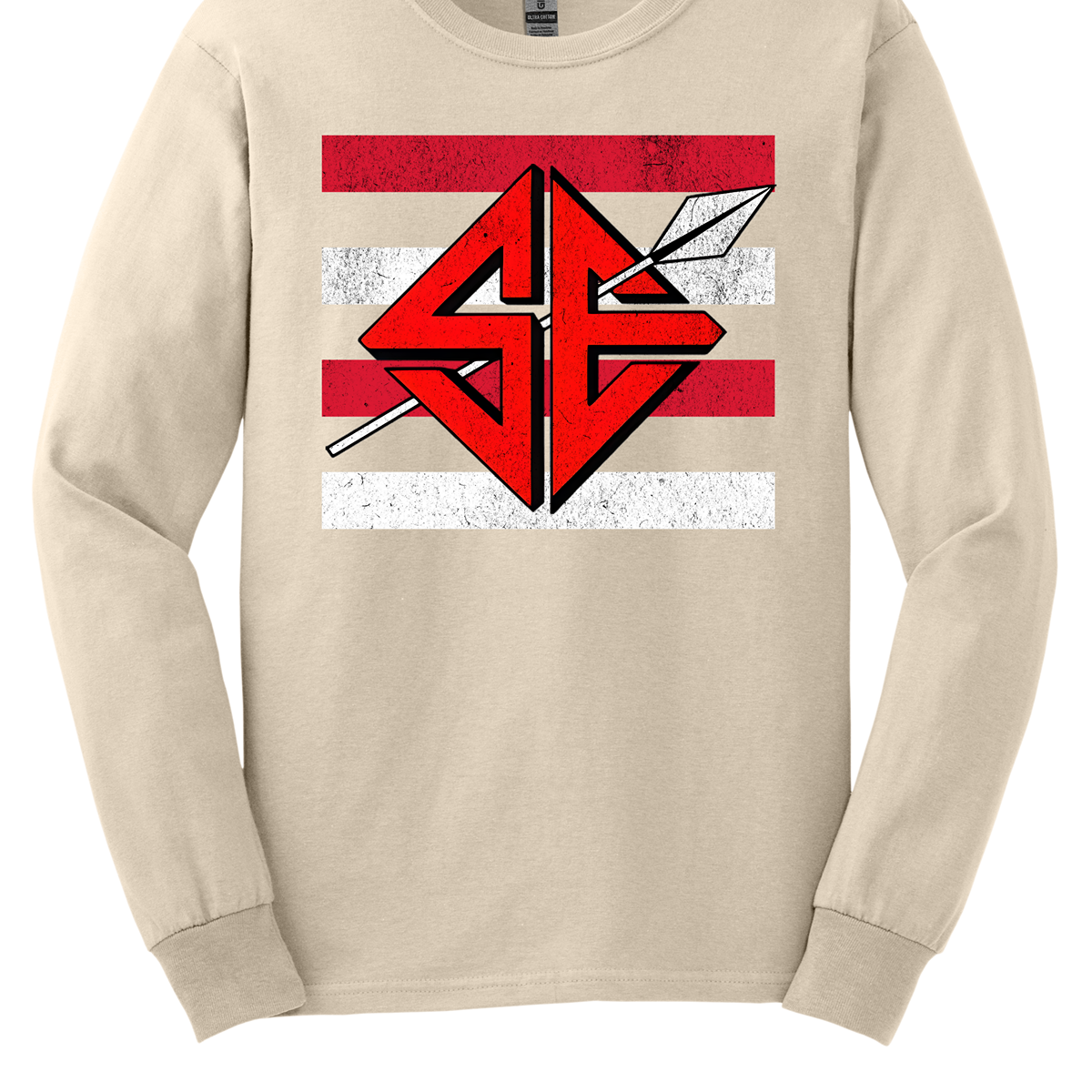 The shirt design features a bold and striking graphic of the SEMO Redhawk mascot, which takes center stage in the composition. The Redhawk is rendered in large, dynamic proportions, commanding attention with its fierce and powerful depiction. It is placed prominently against a backdrop of alternating horizontal bars, each separated by a thin space. The bars are layered in a staggered pattern, giving the entire design a worn-in, vintage aesthetic. Shop at Gorgeousware.com